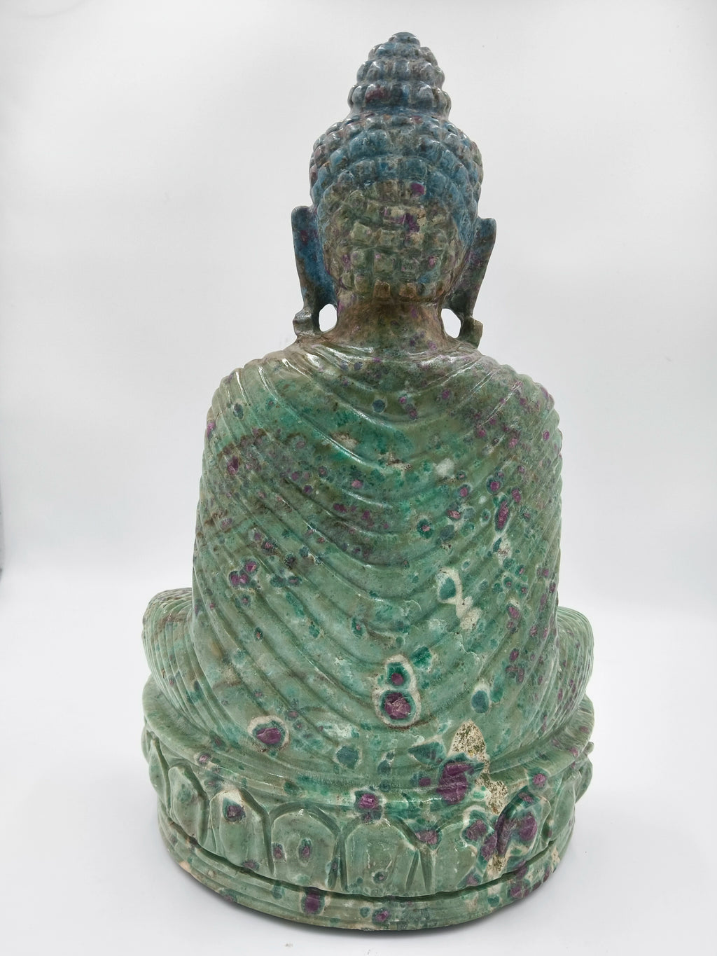 Back view of green and purple Rubylite Buddha sculpture, 11.8 inches tall