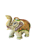 Hand-painted serpentine elephant sculpture with decorative patterns side view