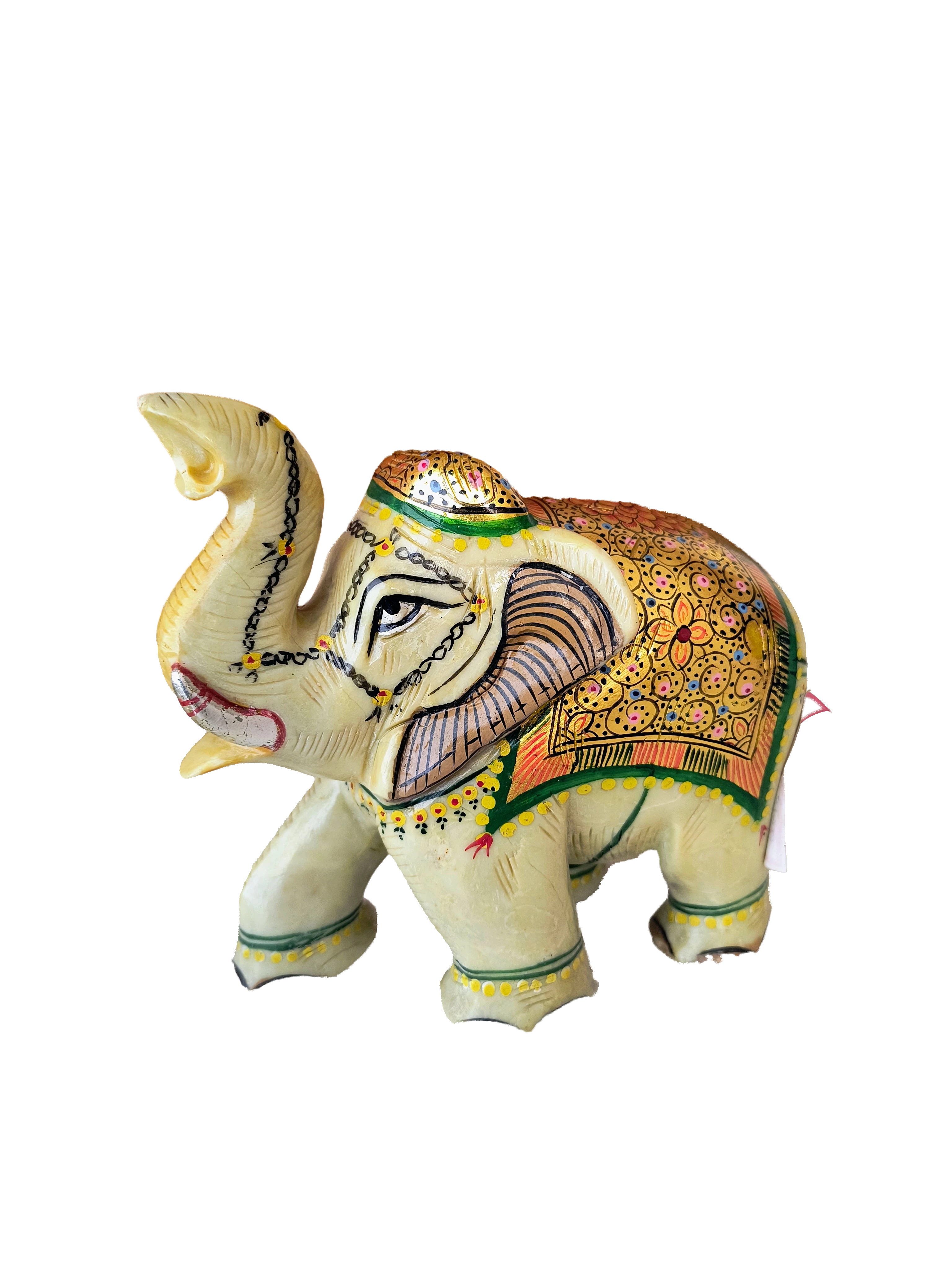 Hand-painted serpentine elephant sculpture with decorative patterns side view