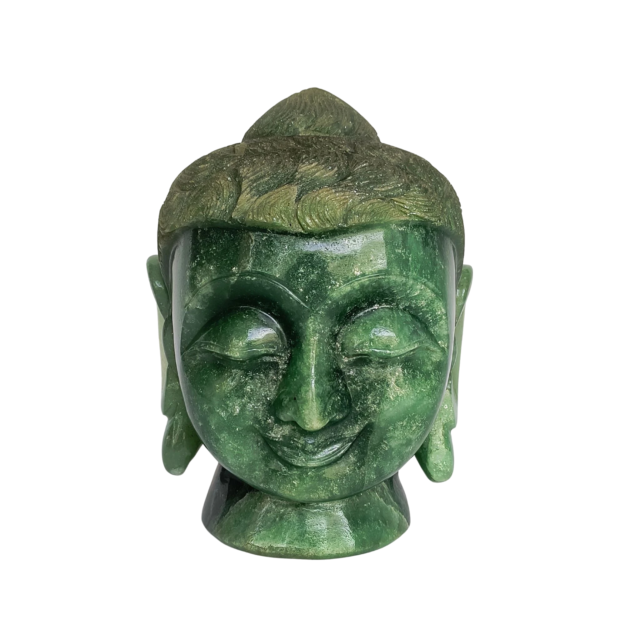 Large green jade Buddha head sculpture with closed eyes and textured hair