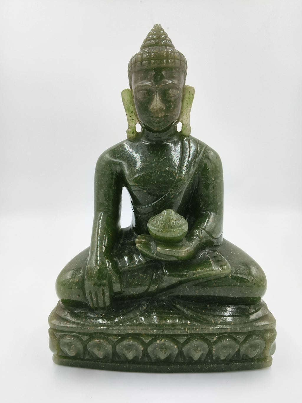 Large 9-inch green jade Buddha sculpture seated in lotus position holding a bowl