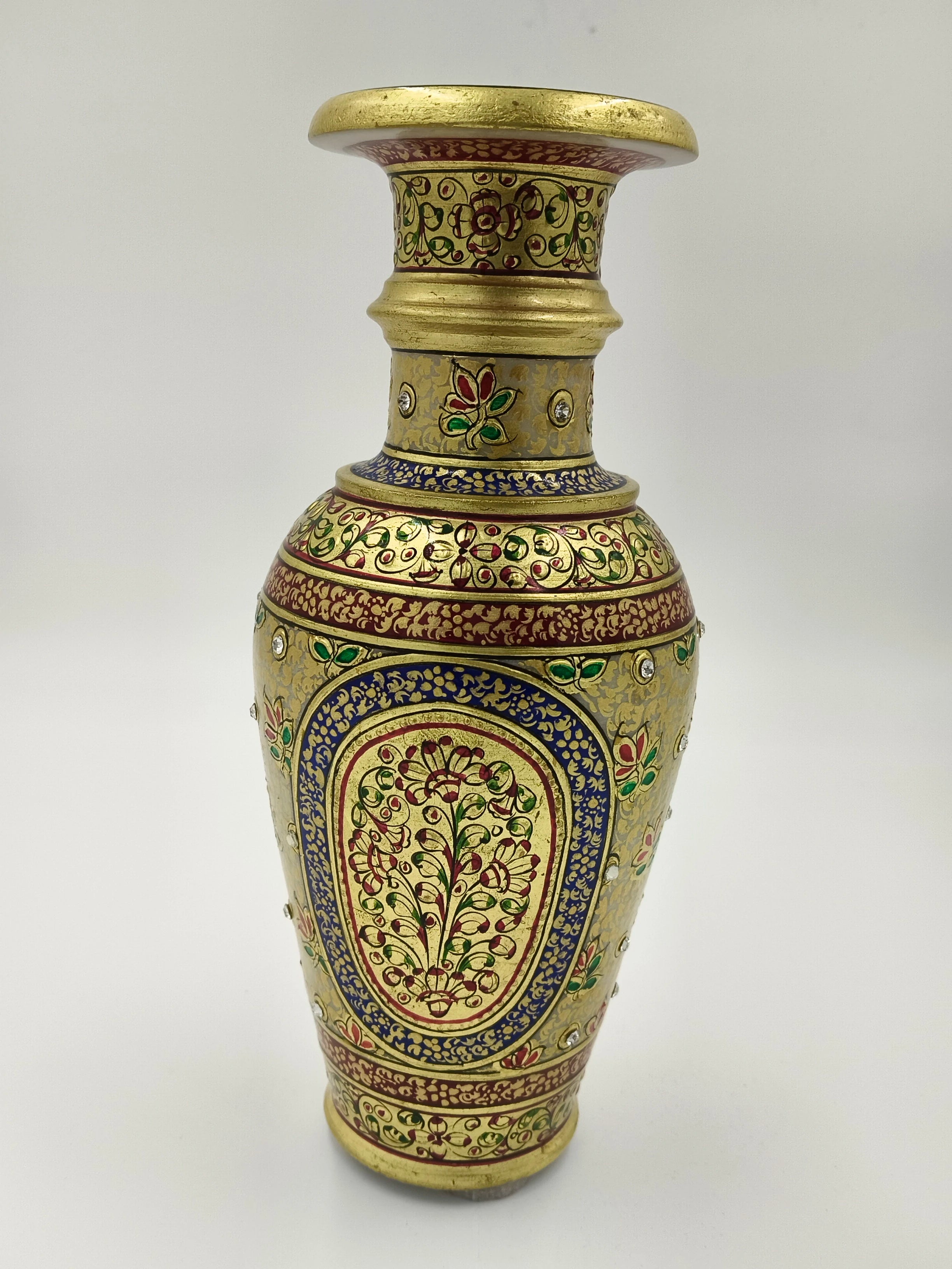 Large marble flower vase painted with gold, red, green, and blue floral designs