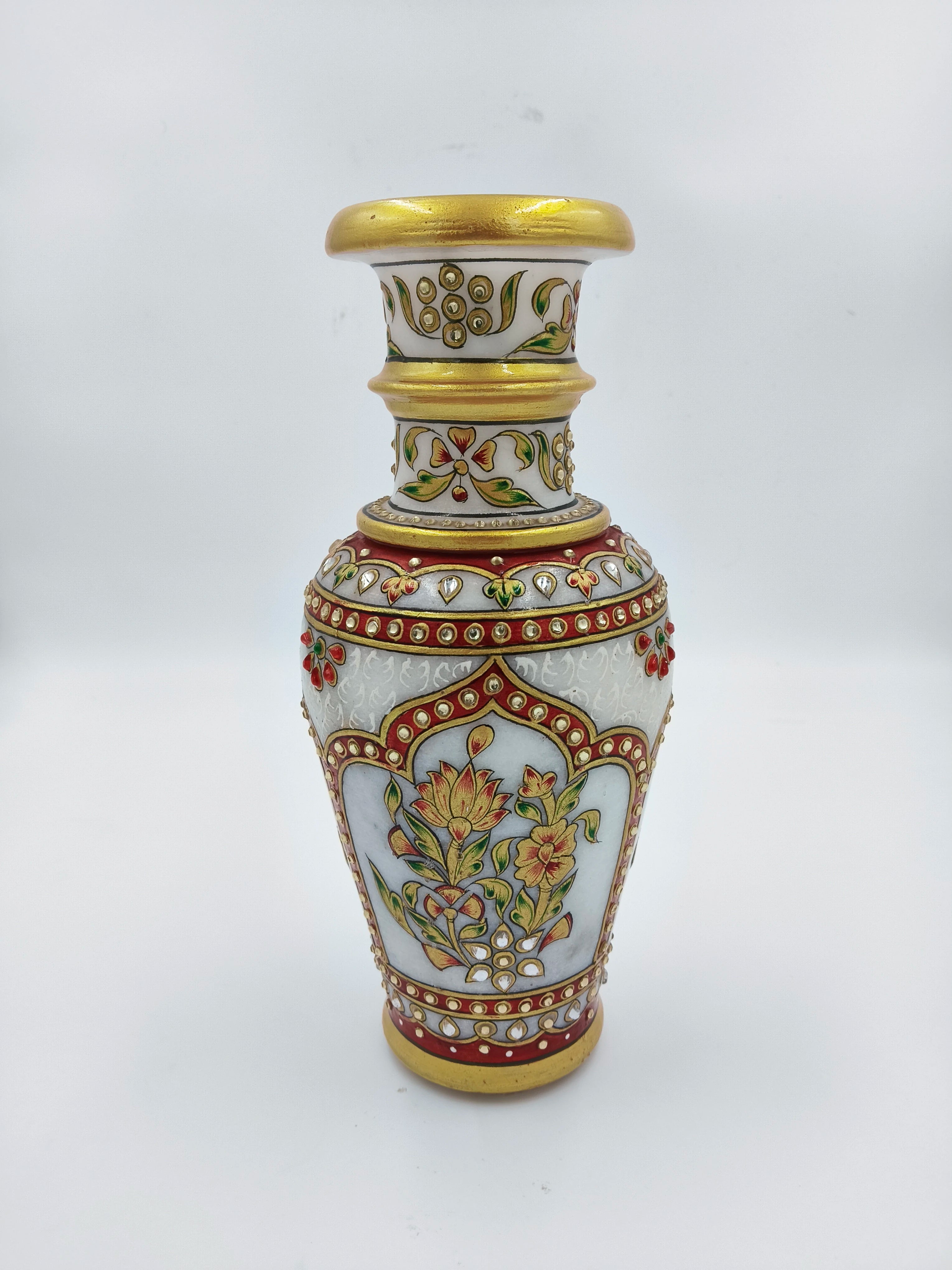9 inch white marble flower vase with hand-painted floral and gold accents