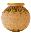 Round beige marble pot with intricate textured floral patterns and colorful border