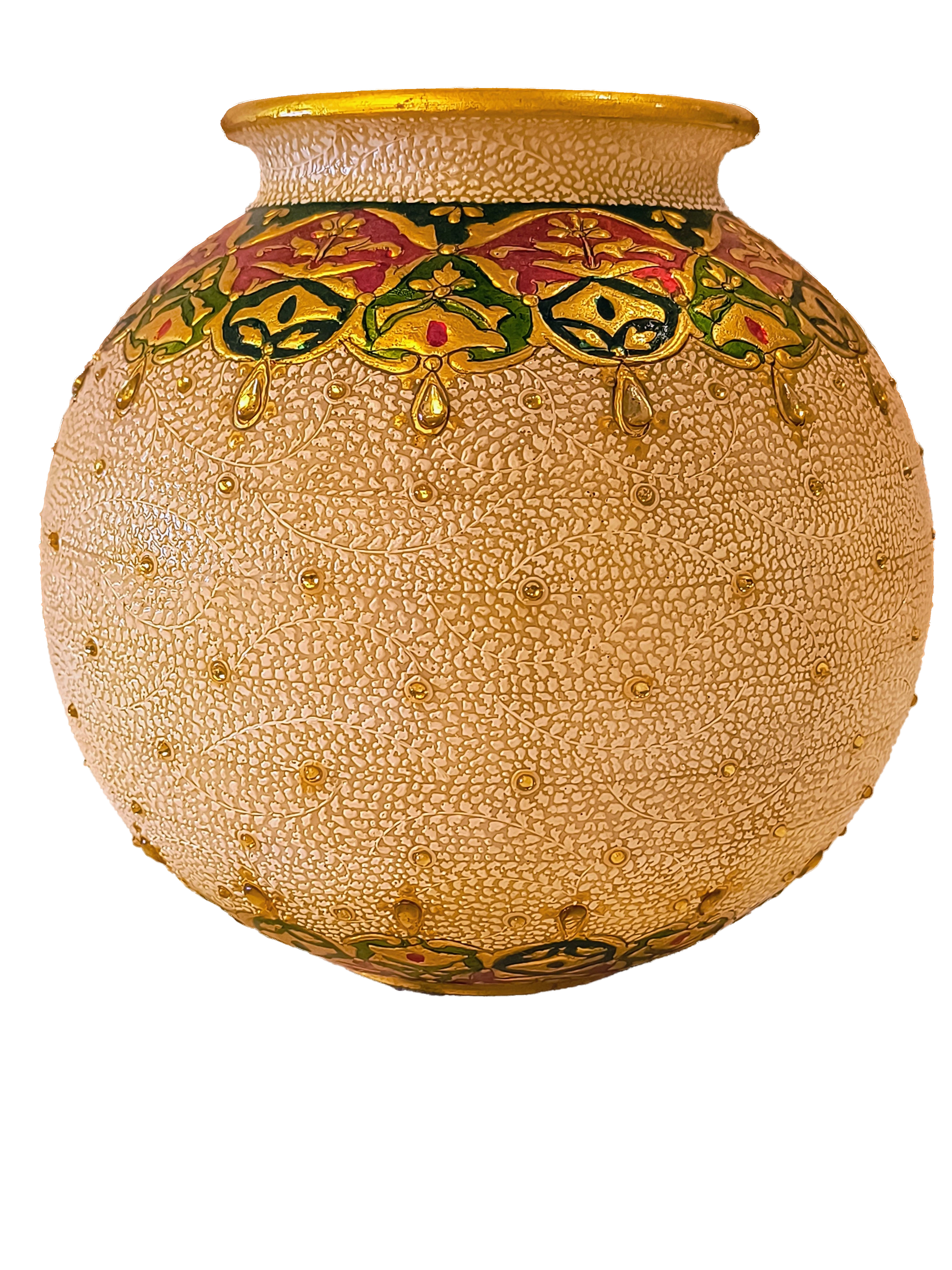 Round beige marble pot with intricate textured floral patterns and colorful border