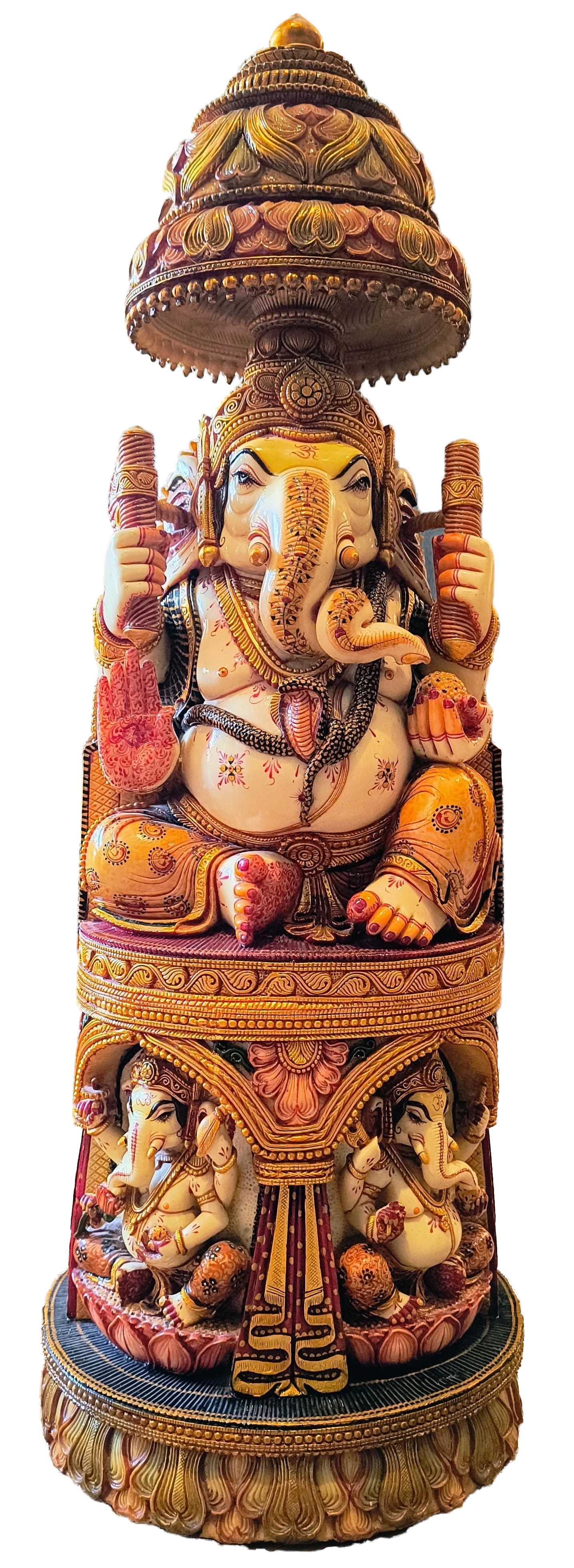 Large marble dust Ganesh statue with gold painting and intricate detailing