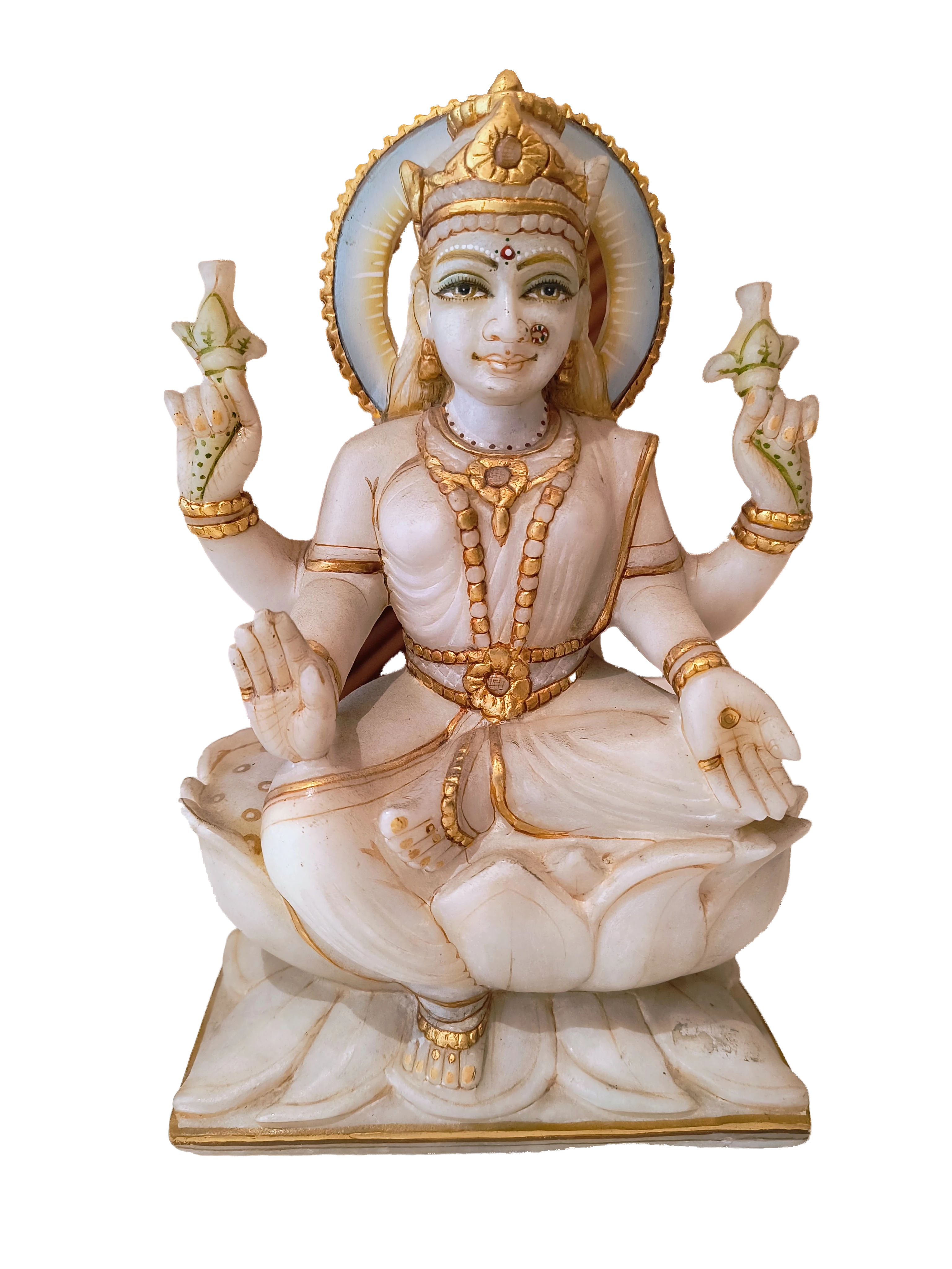 10.2 inch marble statue of goddess Lakshmi sitting on a lotus flower