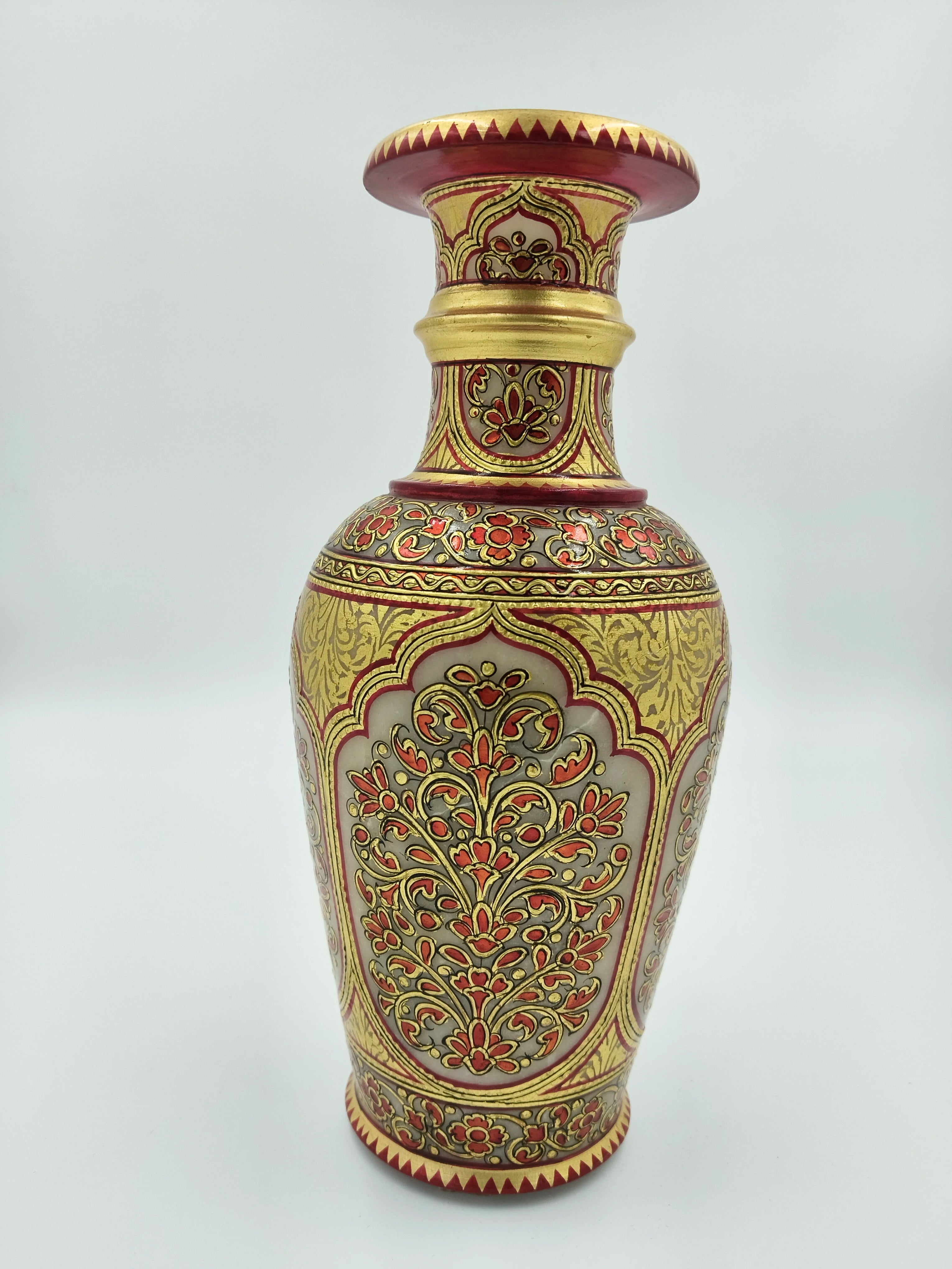 Large 9-inch white marble flower vase with red and gold floral painting