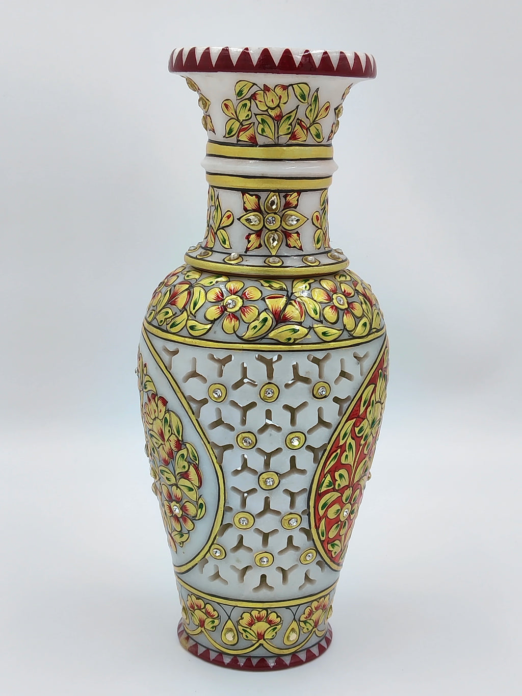 White marble flower vase with intricate painted floral designs and gemstones