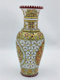 White marble flower vase with intricate painted floral designs and gemstones