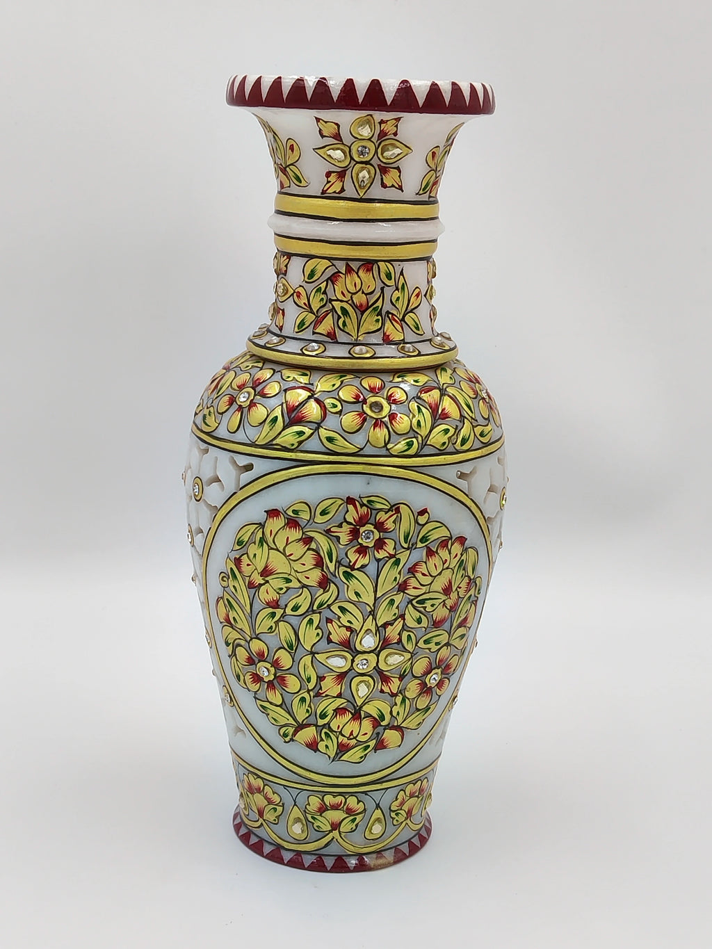 Tall white marble flower vase with intricate red and gold floral painting, front view