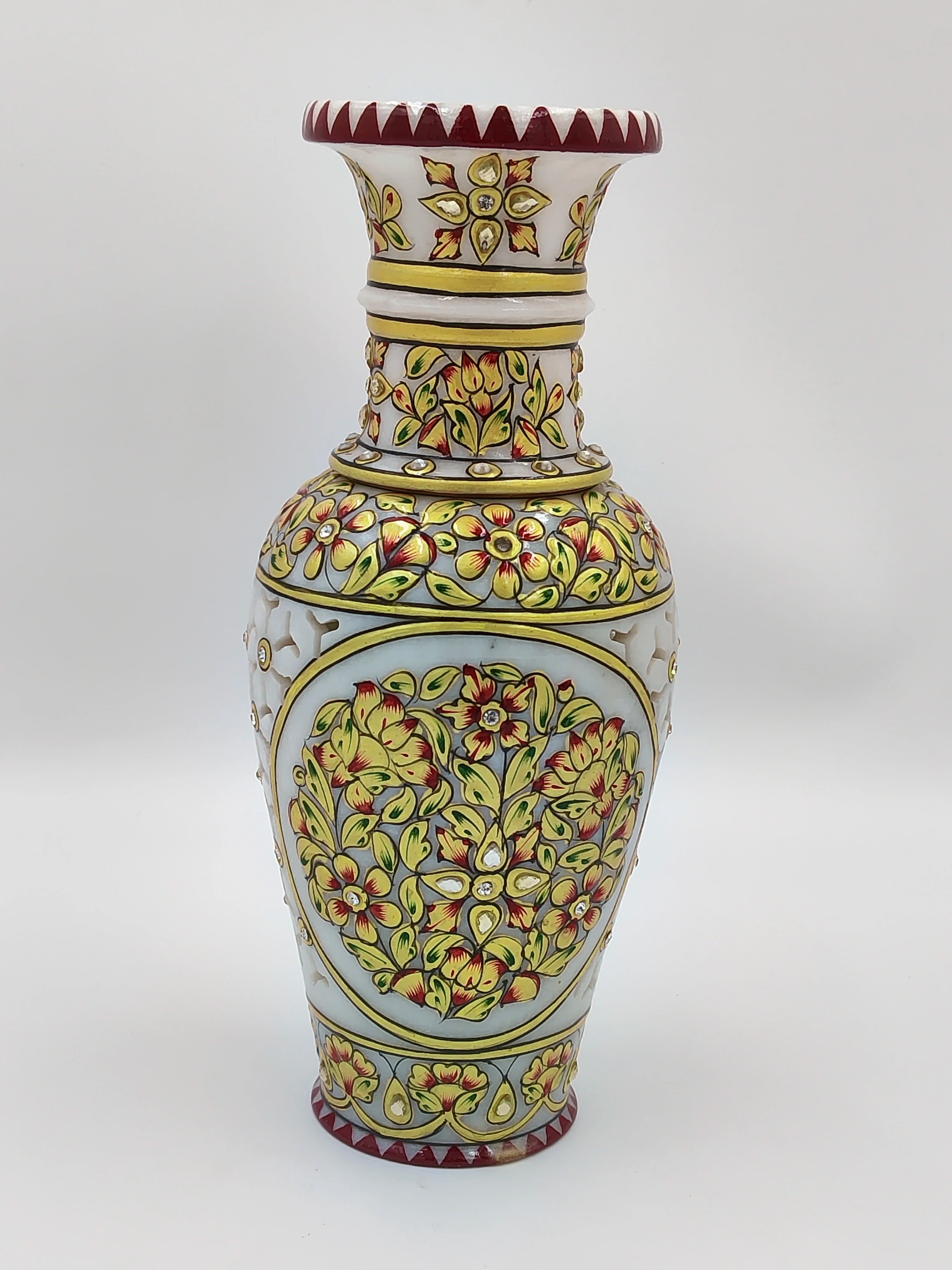 Tall white marble flower vase with intricate red and gold floral painting, front view