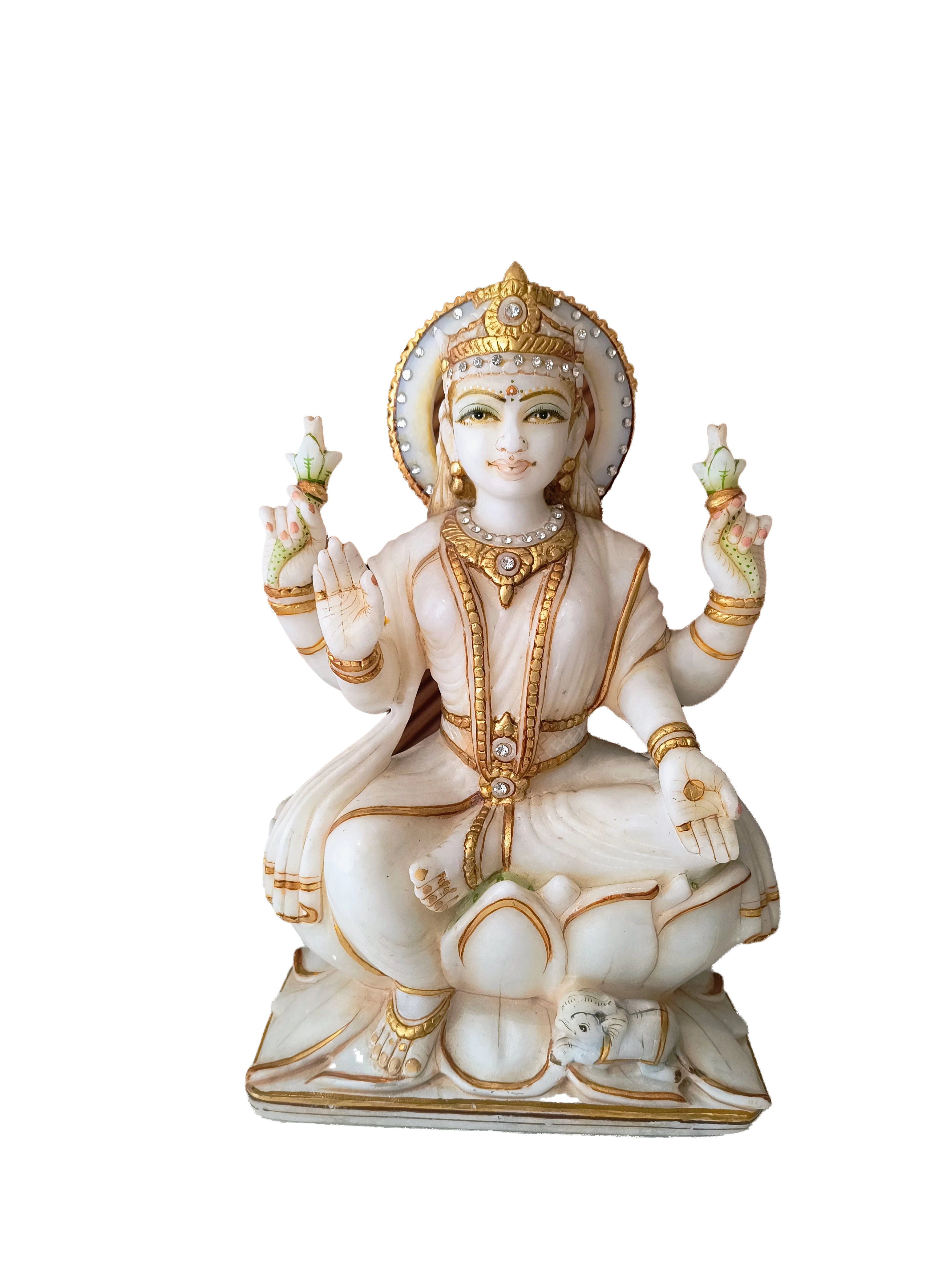 White marble Lakshmi statue with gold accents, seated on lotus base
