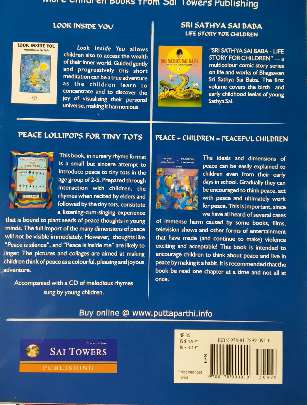 Back cover of Sri Sathya Sai Baba Life Story for Children book with description and publisher details