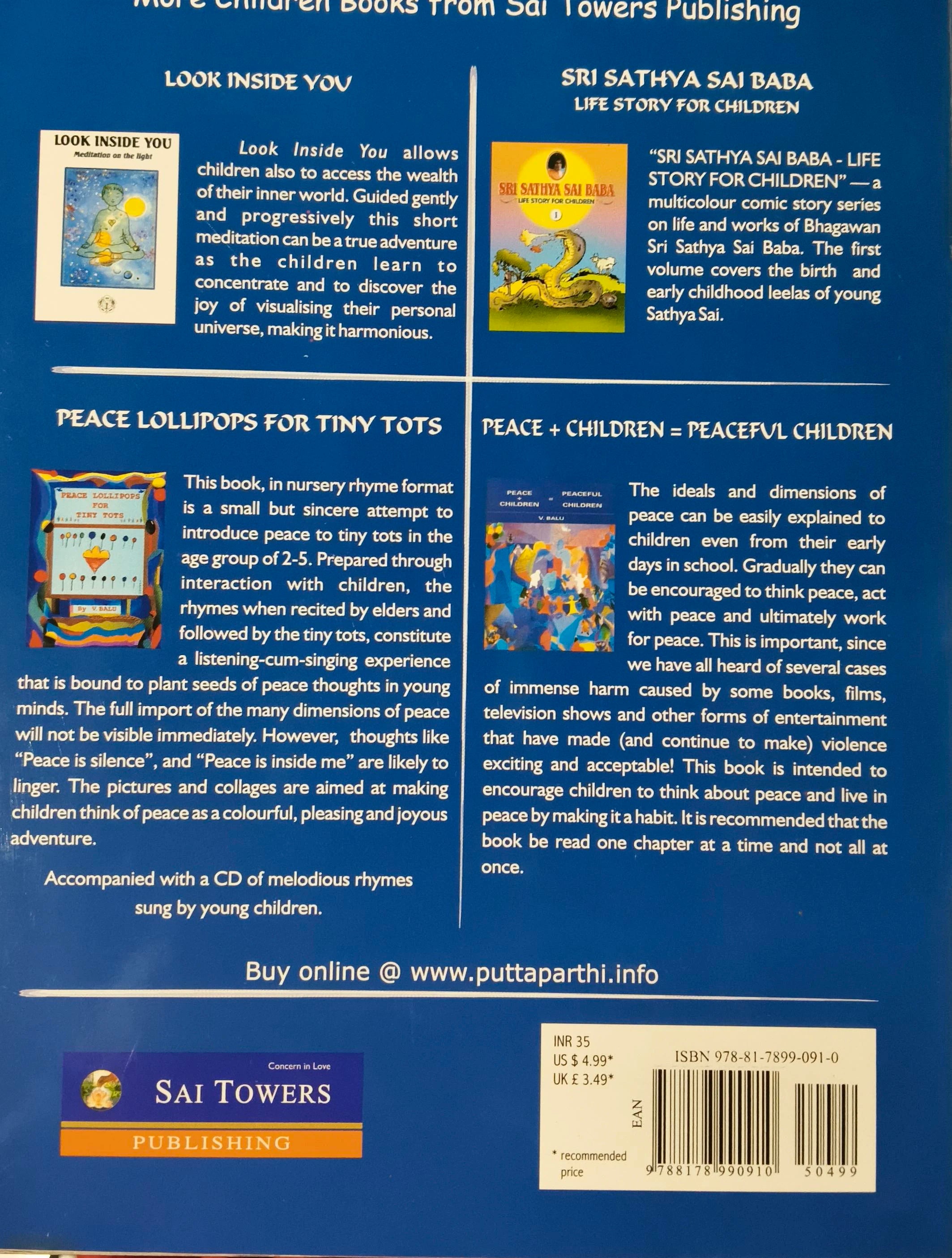 Back cover of Sri Sathya Sai Baba Life Story for Children book with description and publisher details