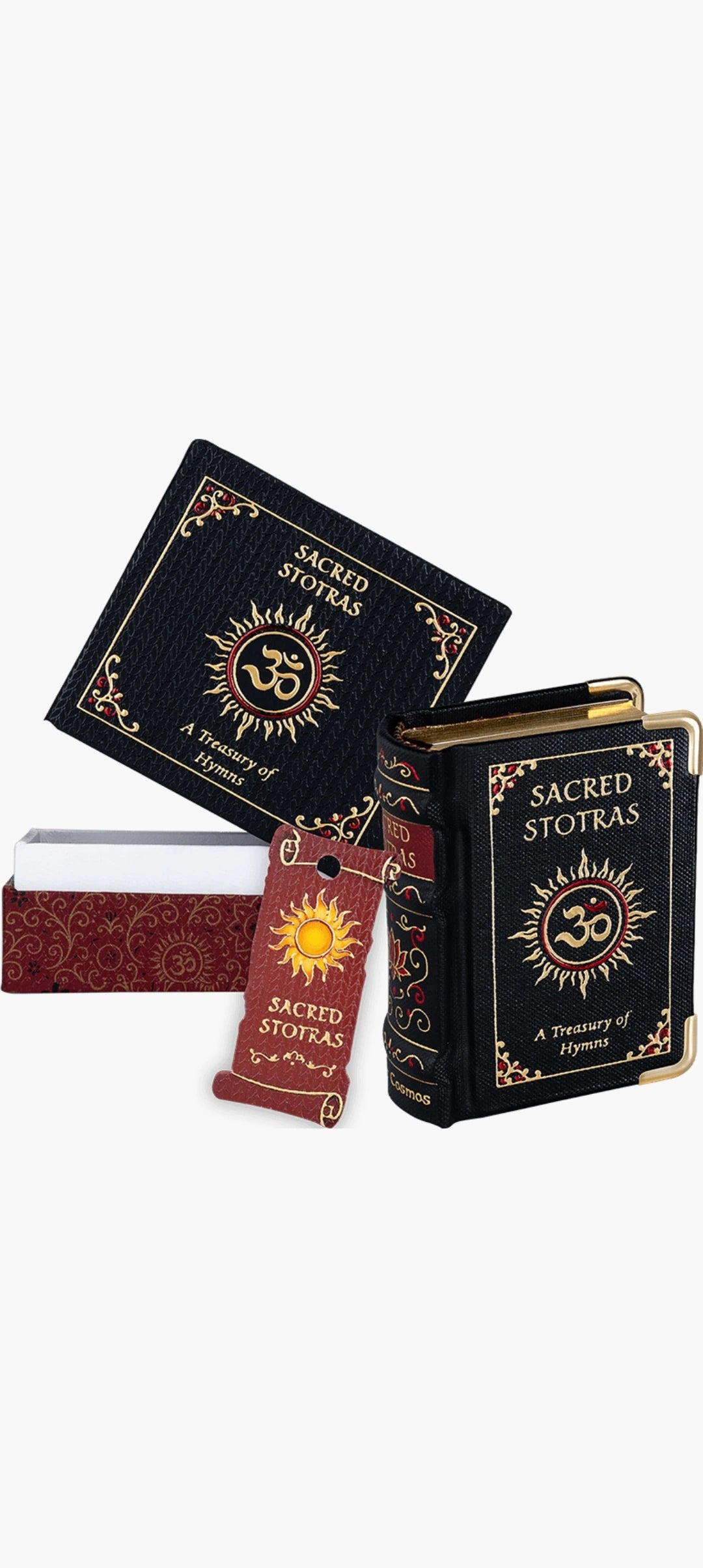 Small hardbound book titled Sacred Stotras with black and gold decorative cover