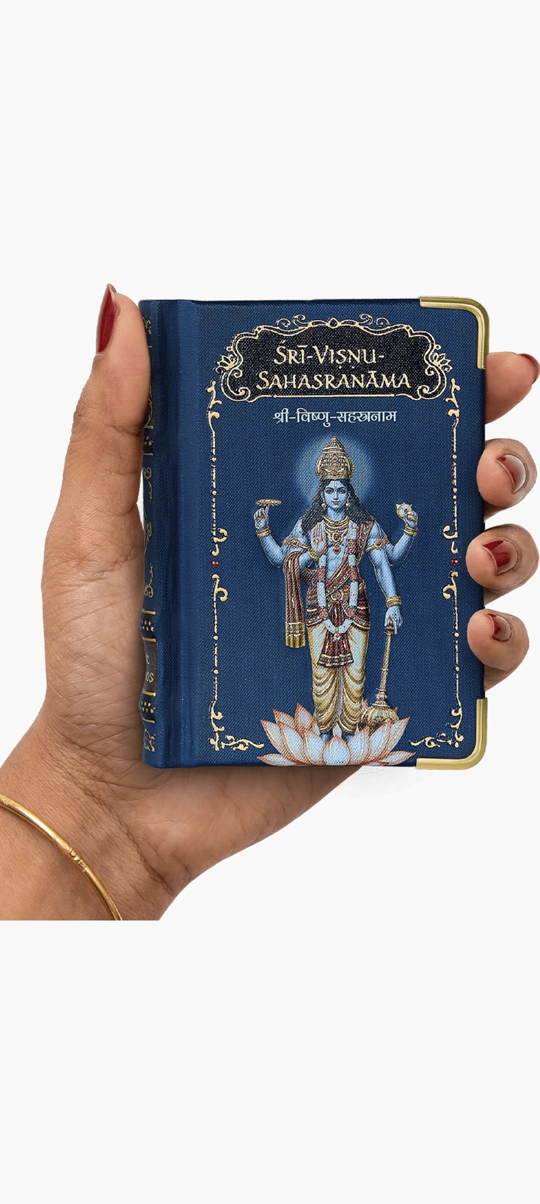 Hand holding a small hardbound Sri Vishnu Sahasranamam book with blue cover