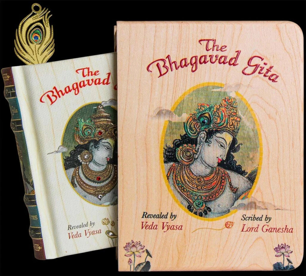 The Bhagavad Gita book in an antique-styled wooden box with lid featuring Krishna artwork