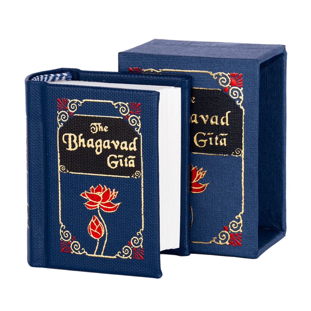 The Bhagavad Gita Mini hardbound book with decorative blue cover and lotus design