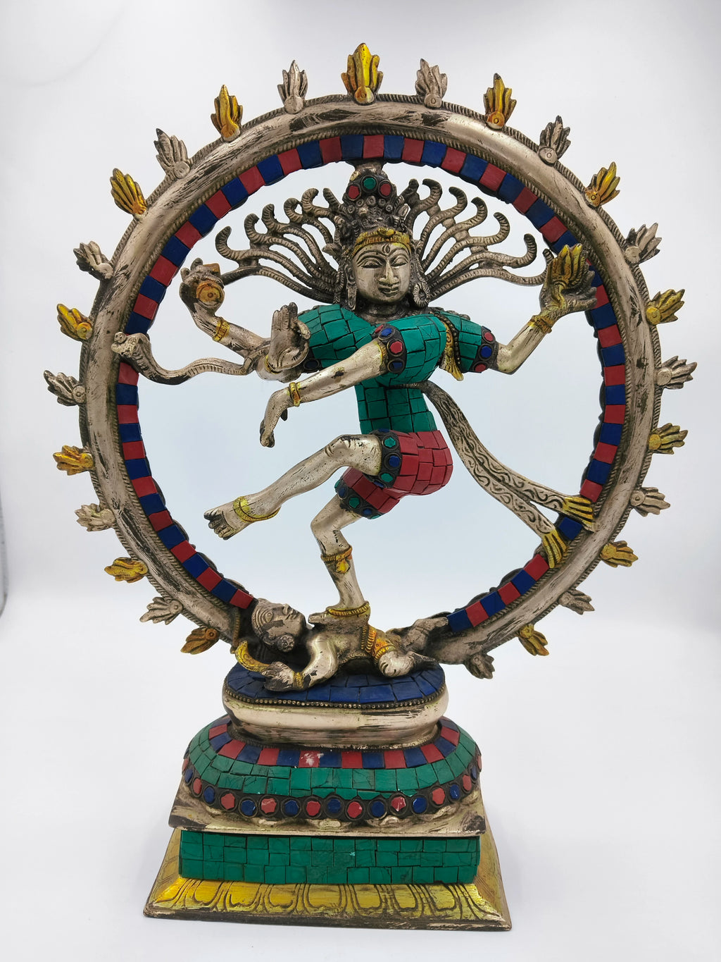 Brass Nataraja sculpture with turquoise and red inlays and decorative ring
