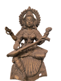 Large brass sculpture of Saraswathi seated with veena, detailed ornaments