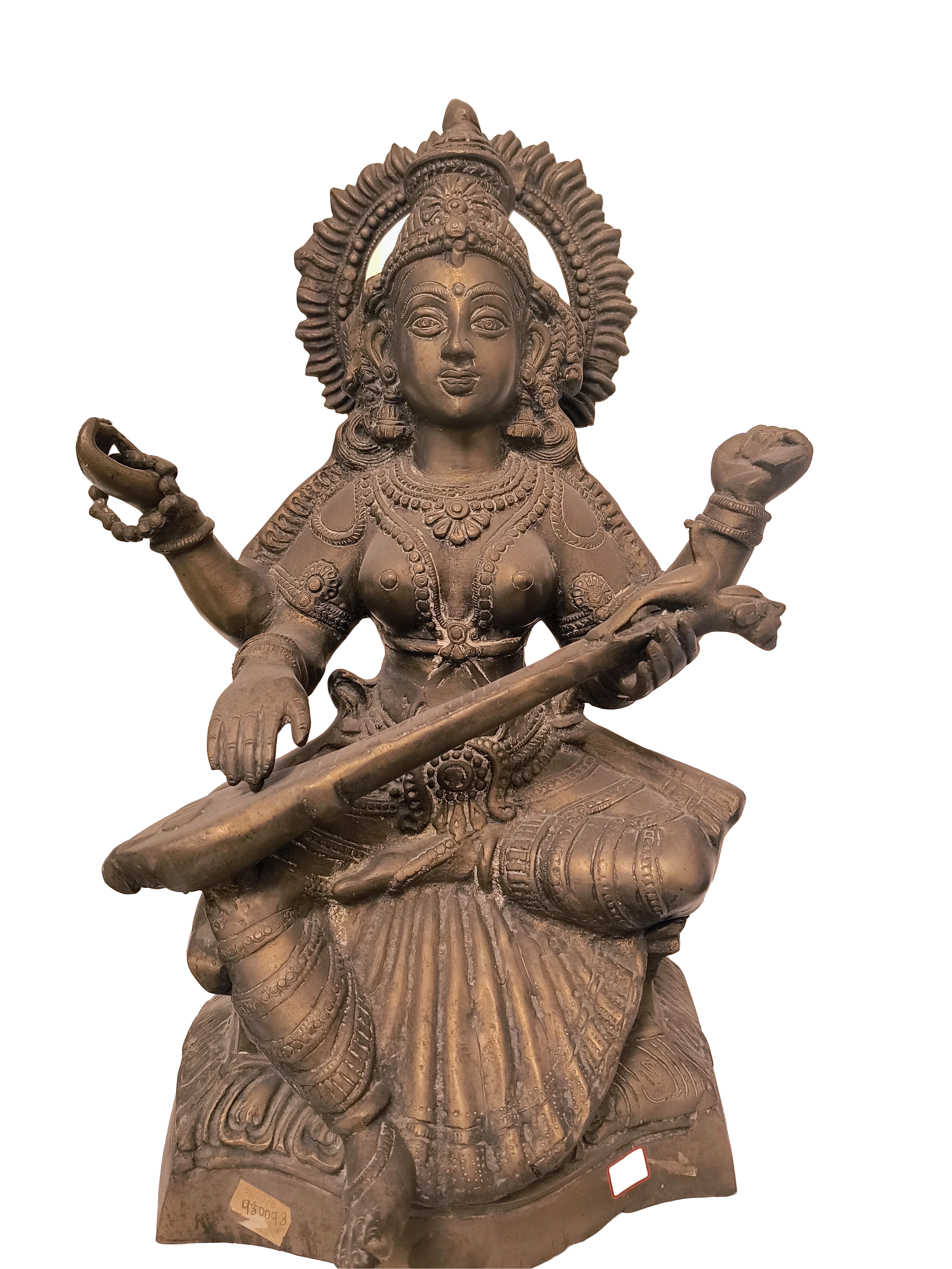 Large brass sculpture of Saraswathi seated with veena, detailed ornaments