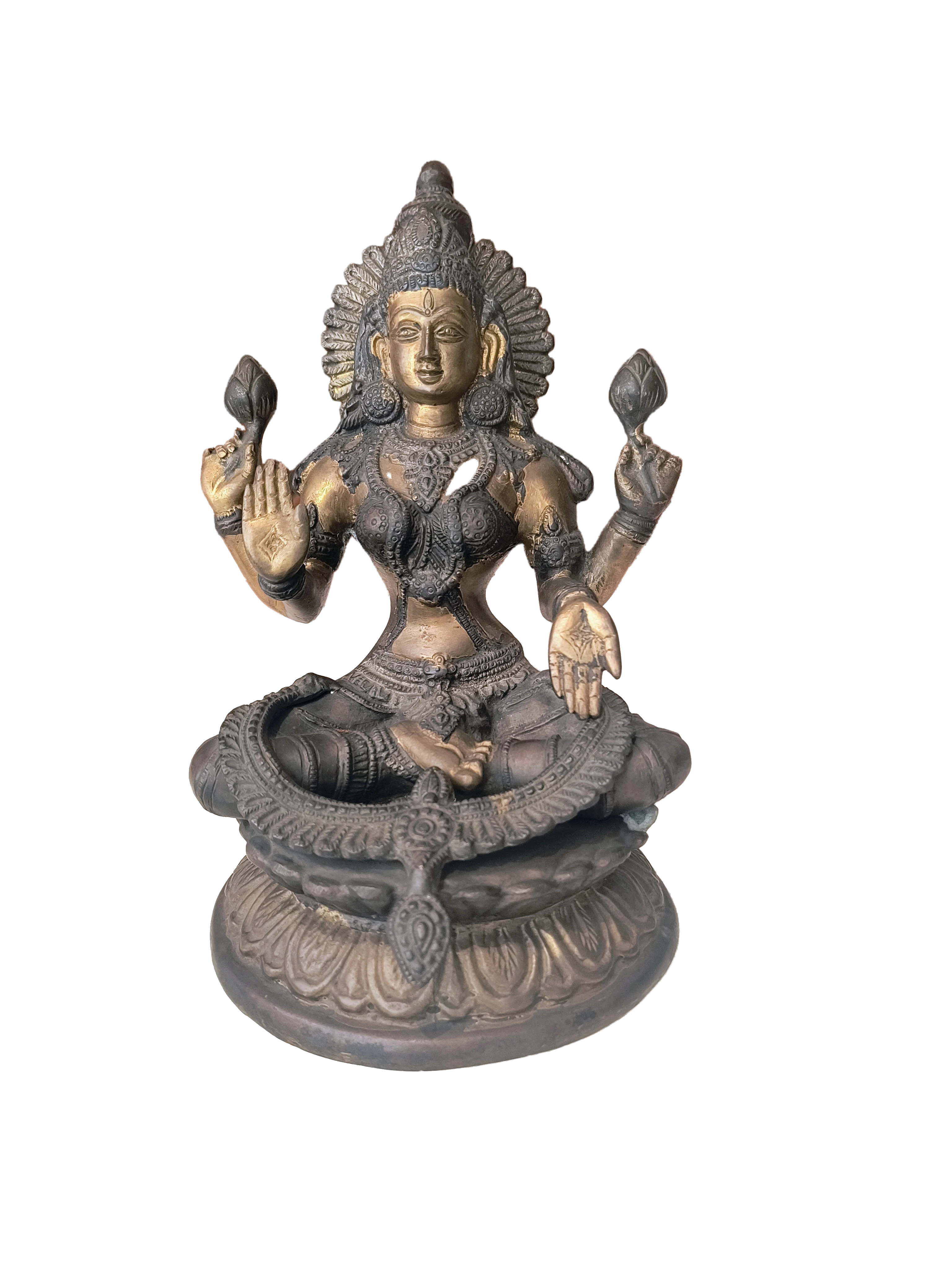 Brass Lakshmi statue seated in lotus position with intricate detailing