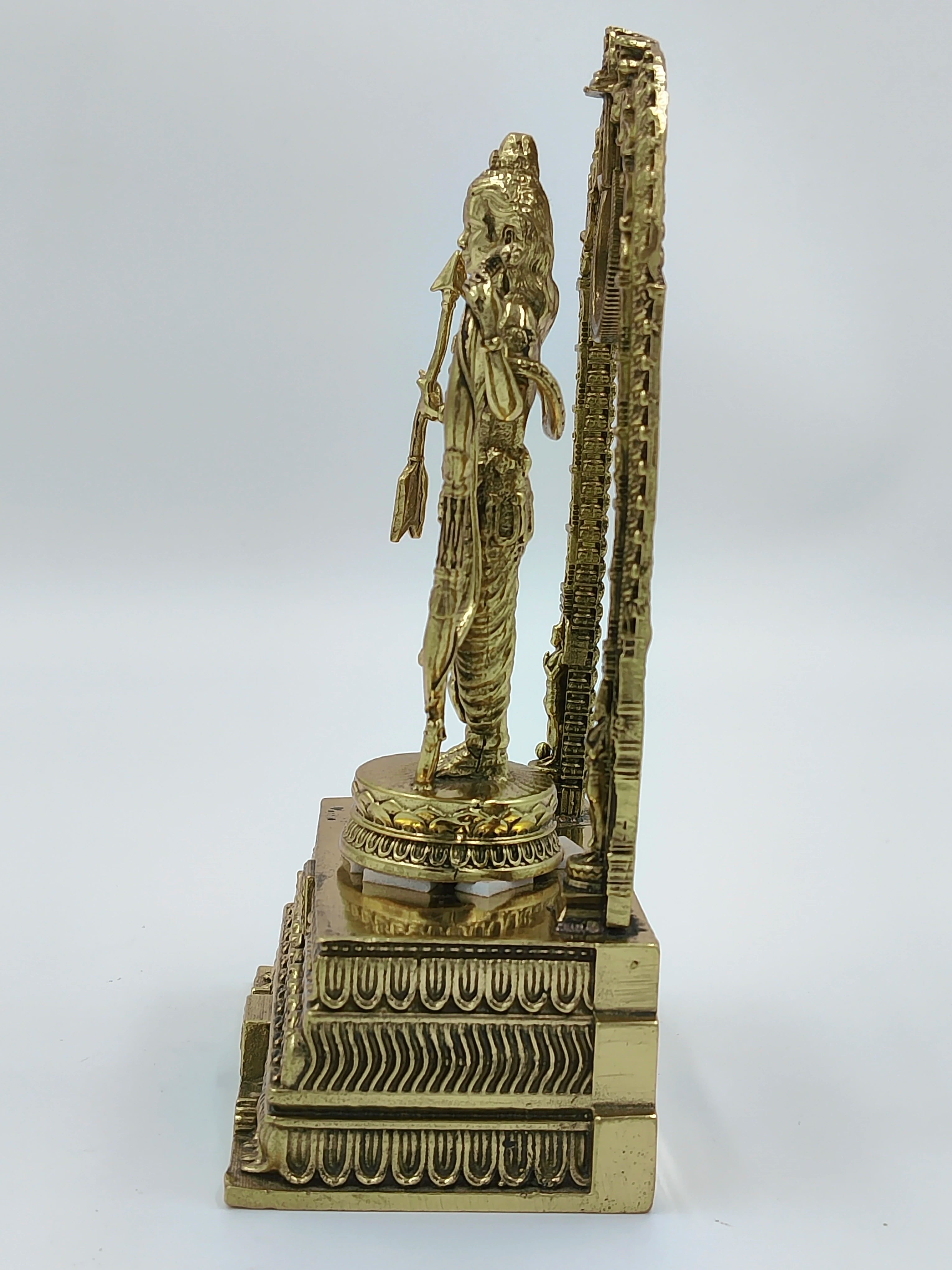 Side view of a medium brass statue of Ayodhya Rama on a decorative base