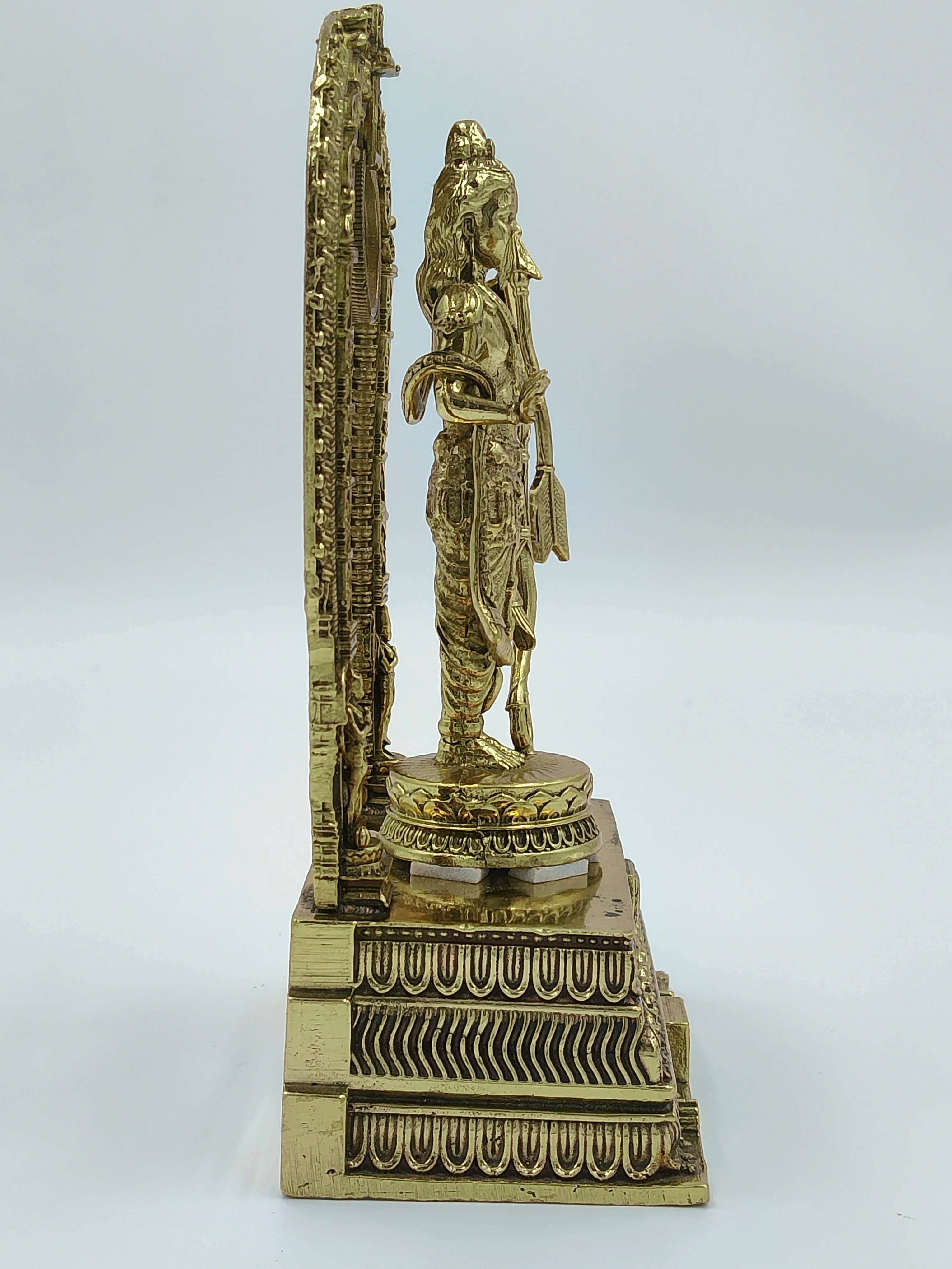 Side view of medium-sized brass Ayodhya Rama sculpture with ornate base