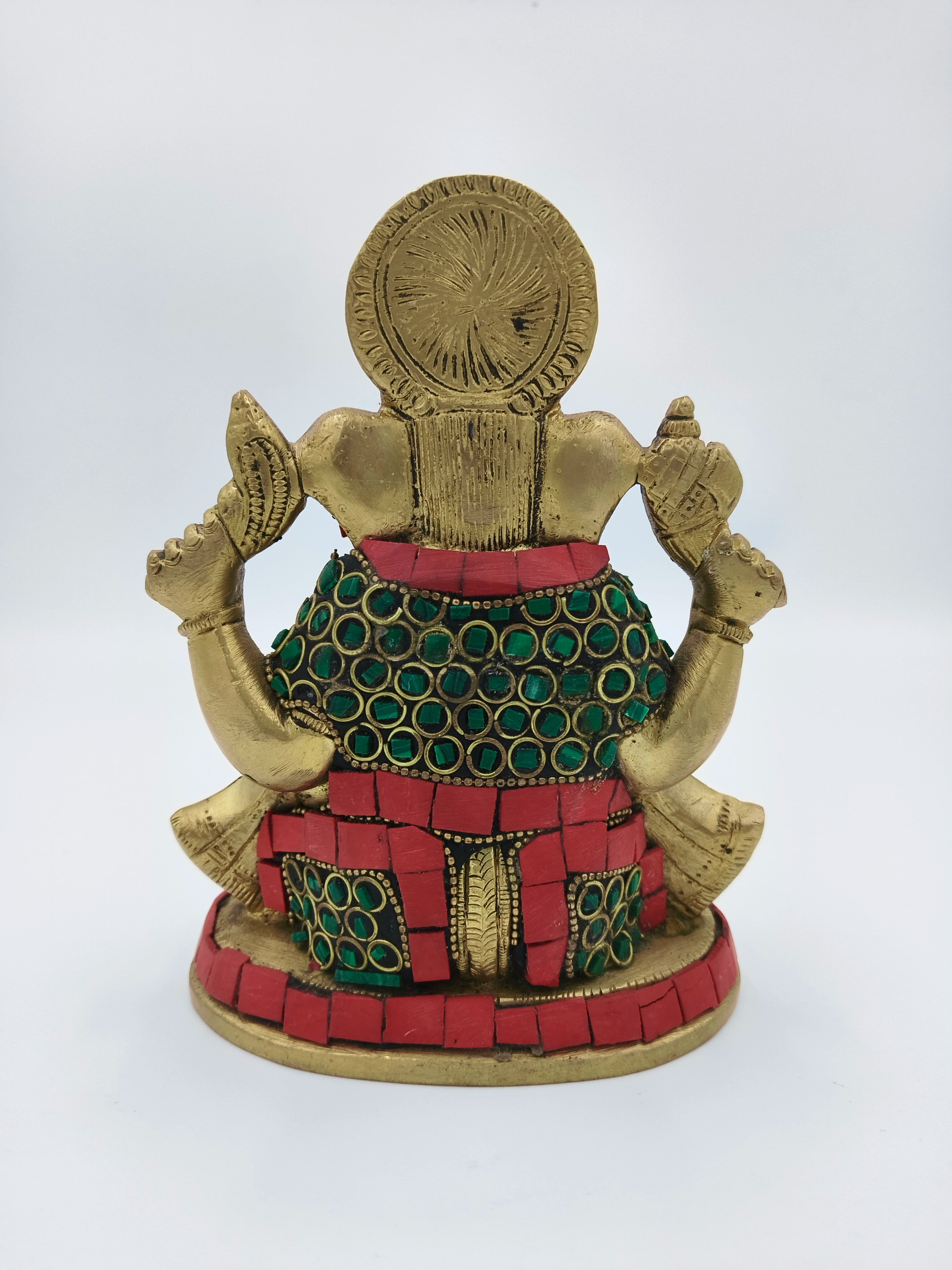 Rear view of medium brass Ganesh statue with green and red mosaic decoration