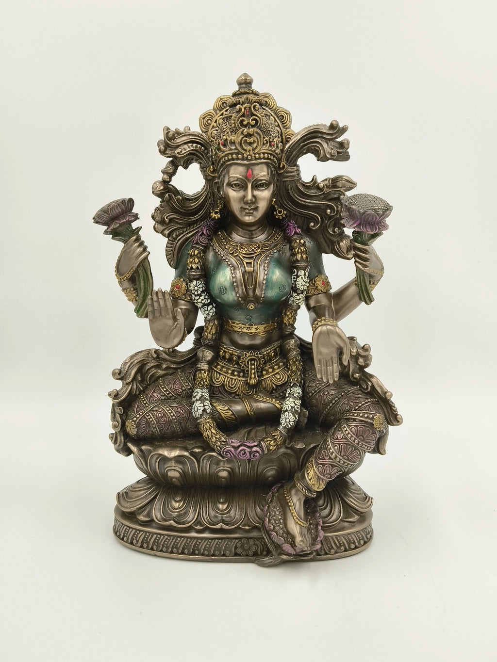 Large polyresin statue of Goddess Lakshmi seated on lotus with four arms