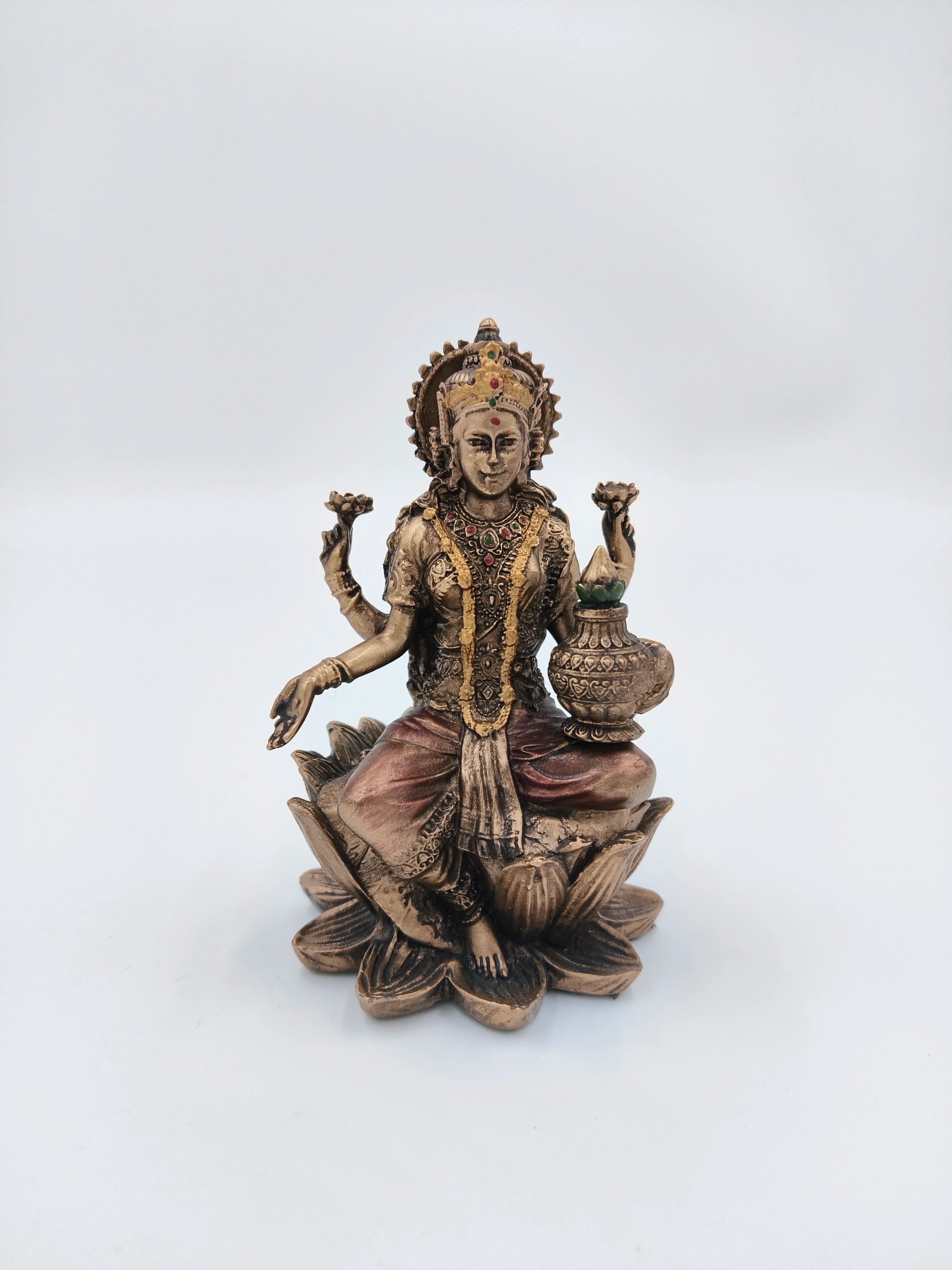 Small polyresin Lakshmi statue seated on lotus with Kalash in hand