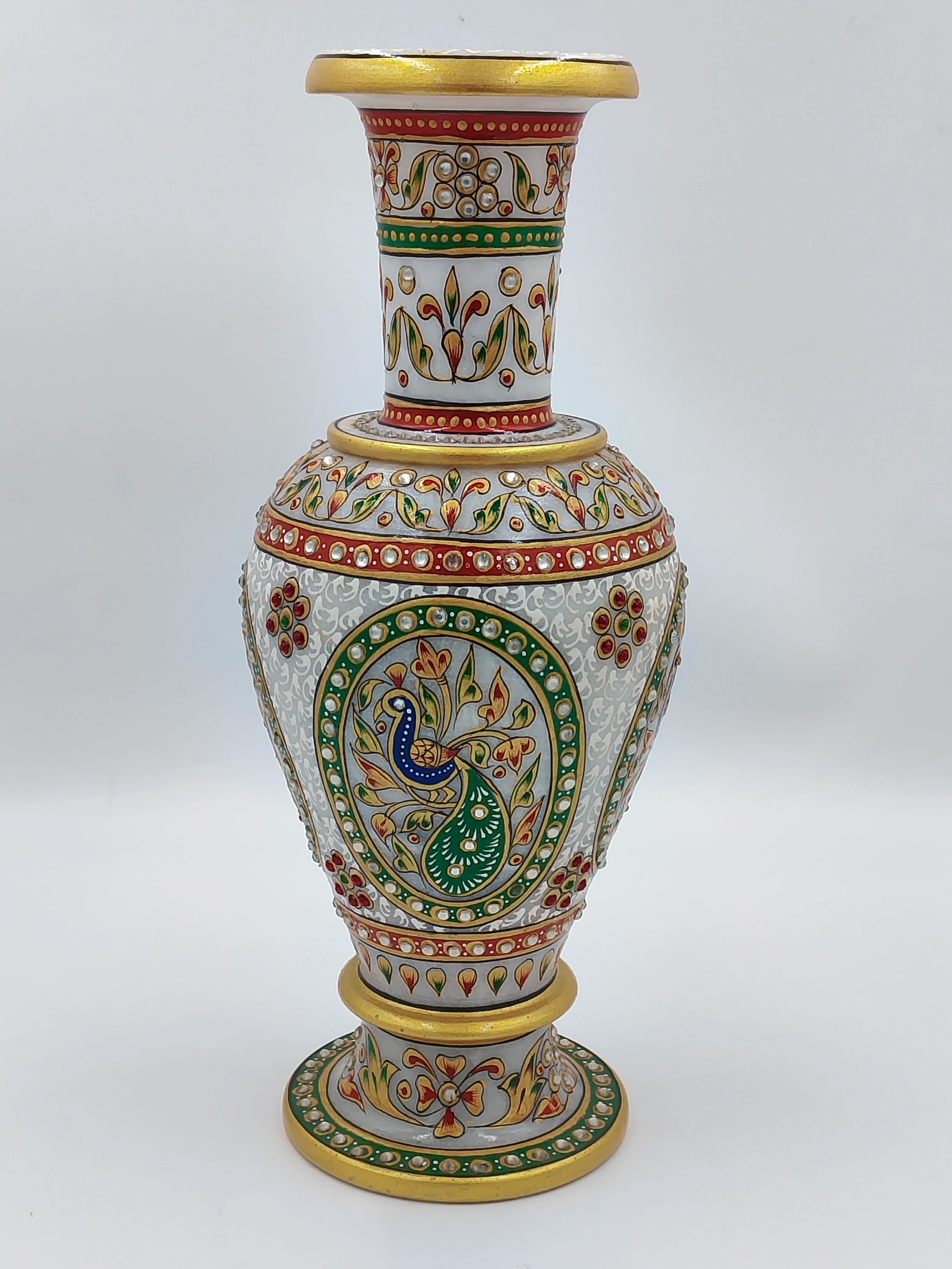 Large hand-painted marble flower vase with intricate floral and peacock designs