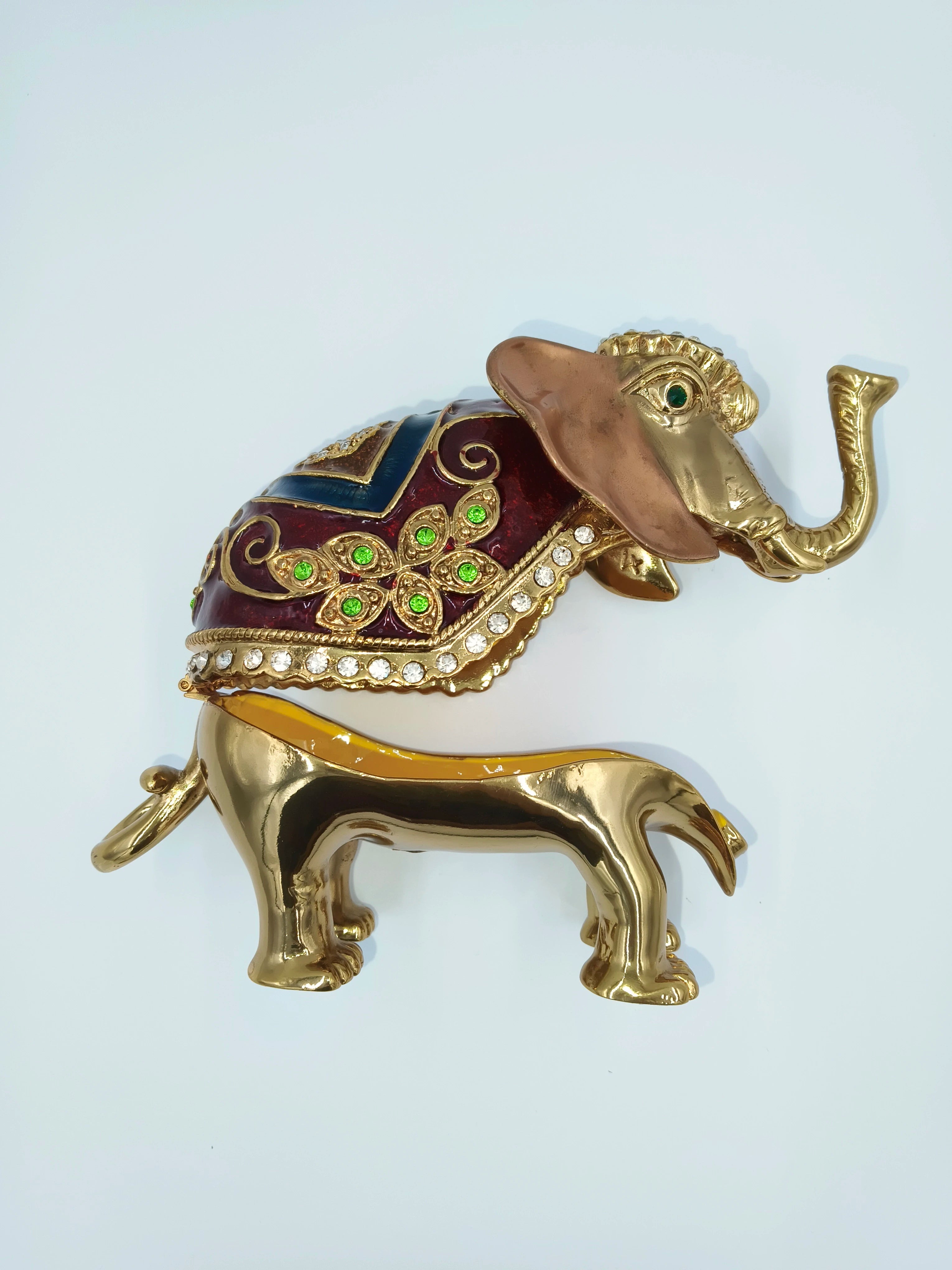 Copper enamel elephant sculpture with decorative green and white stones