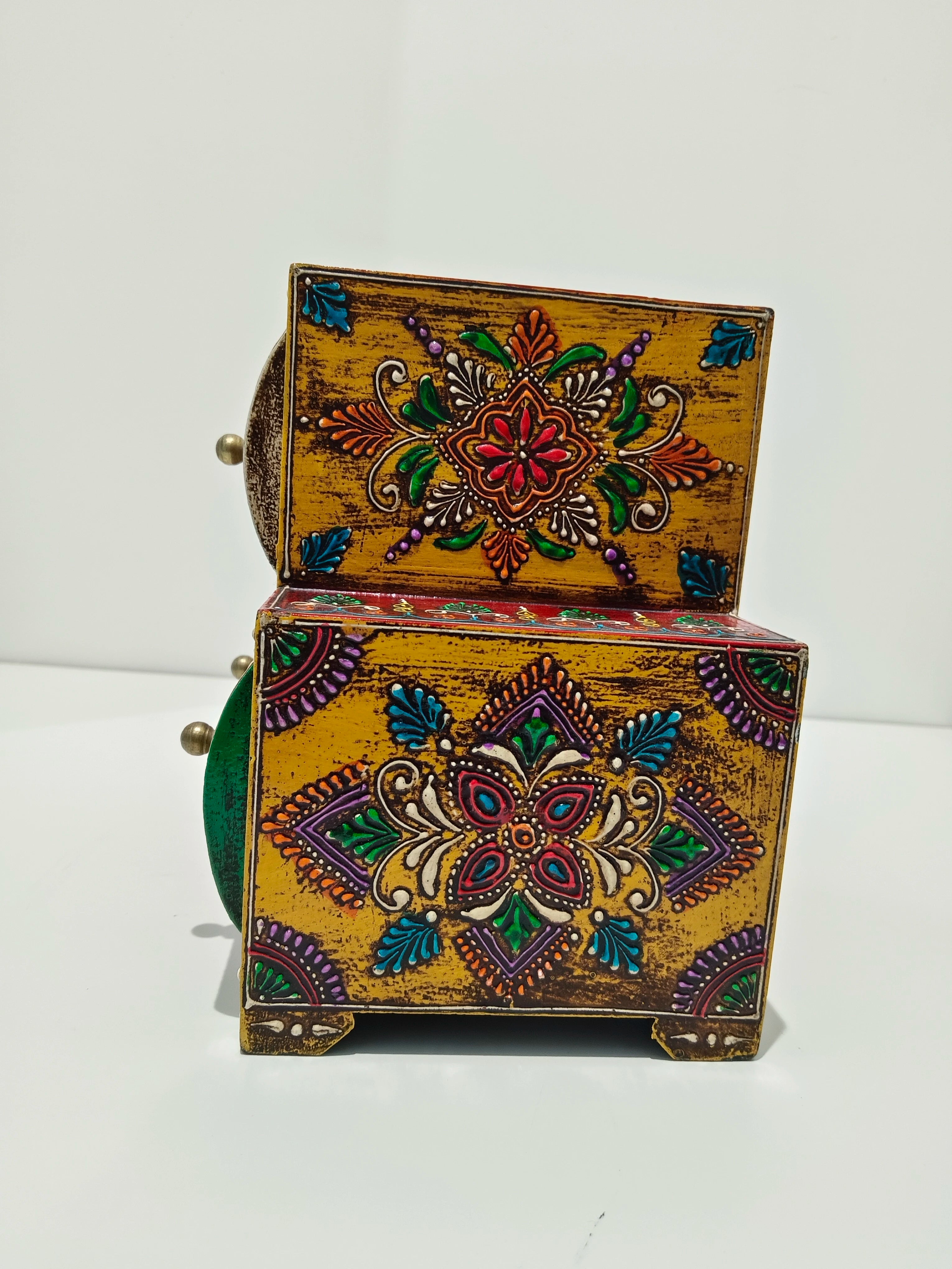 Large wooden spice box with colorful floral and geometric hand-painted designs