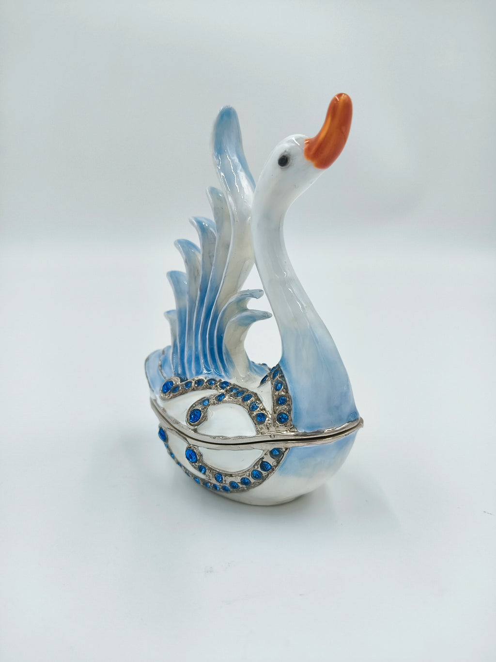 Brass enamel swan figurine with blue artificial stones and orange beak