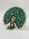 Brass enamel peacock figurine with colorful artificial stones, front view