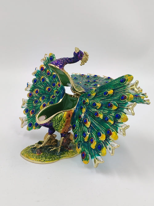 Brass enamel peacock sculpture with spread tail feathers and artificial stones