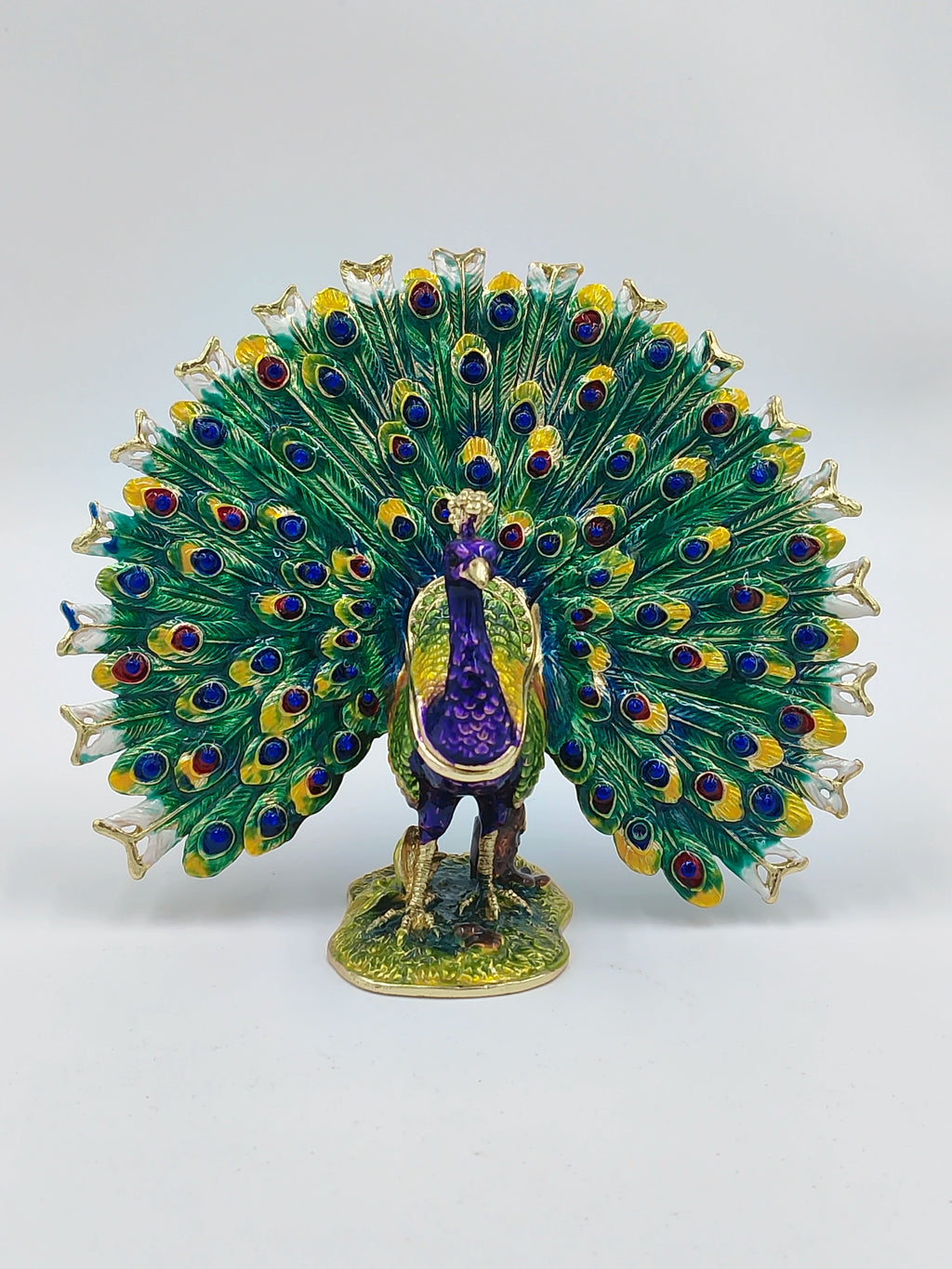Brass enamel peacock figurine with colorful feathers and artificial stones