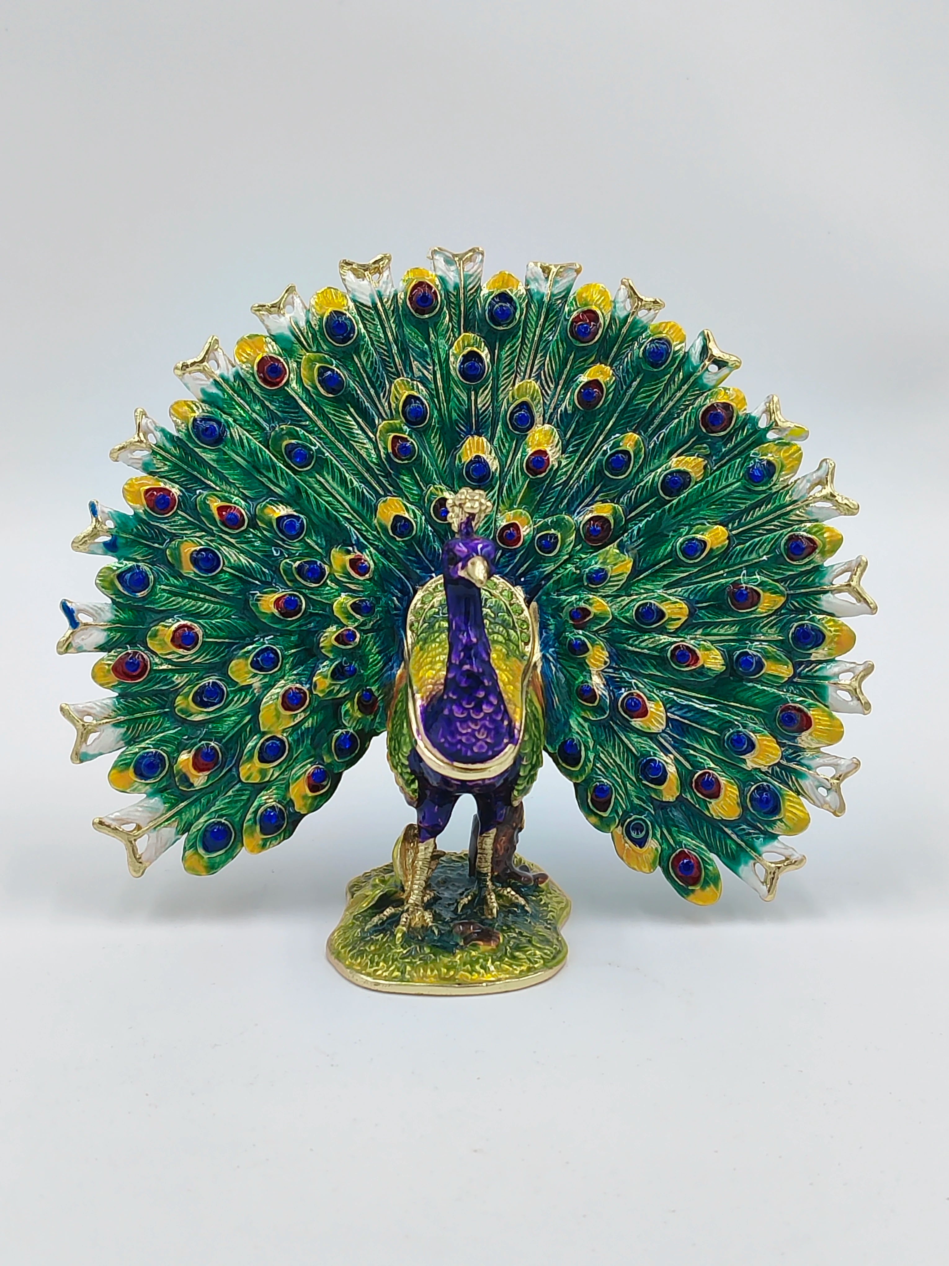Brass enamel peacock figurine with colorful feathers and artificial stones