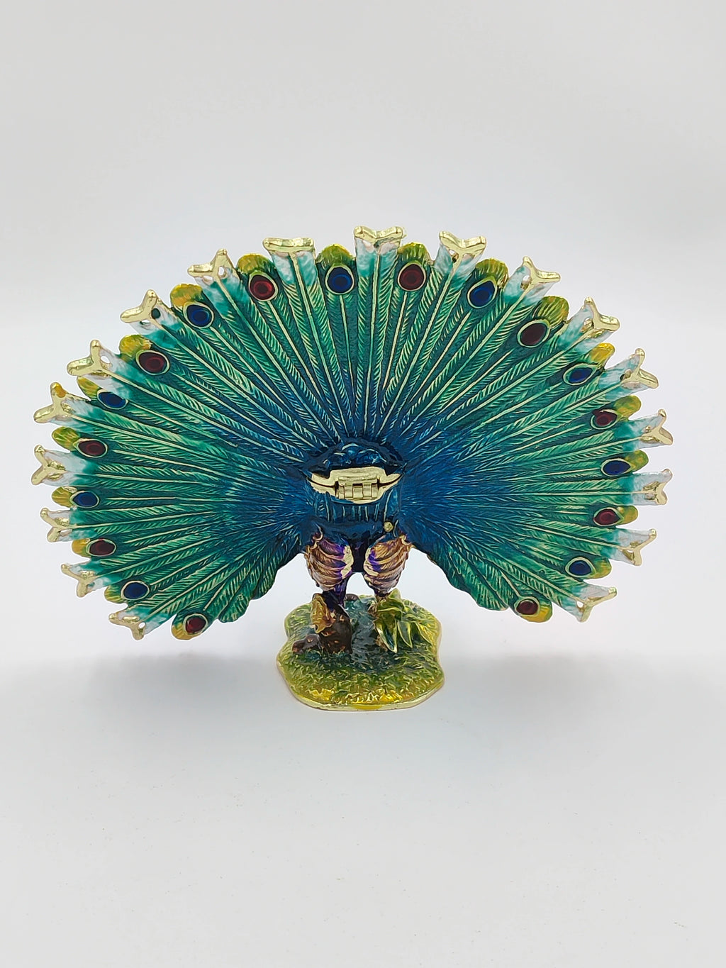 Brass enamel peacock sculpture with artificial stones, vibrant feather display