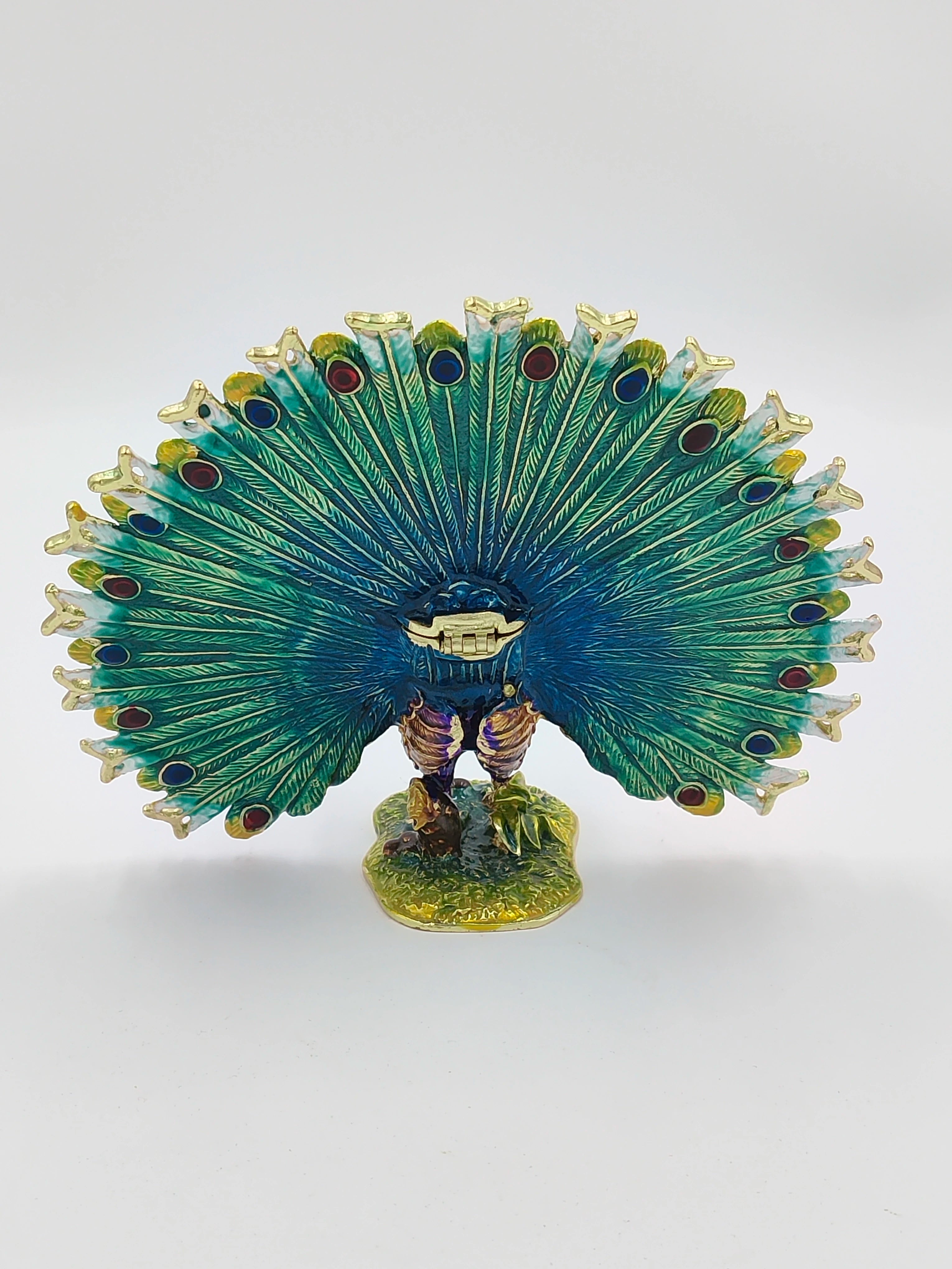 Brass enamel peacock sculpture with artificial stones, vibrant feather display