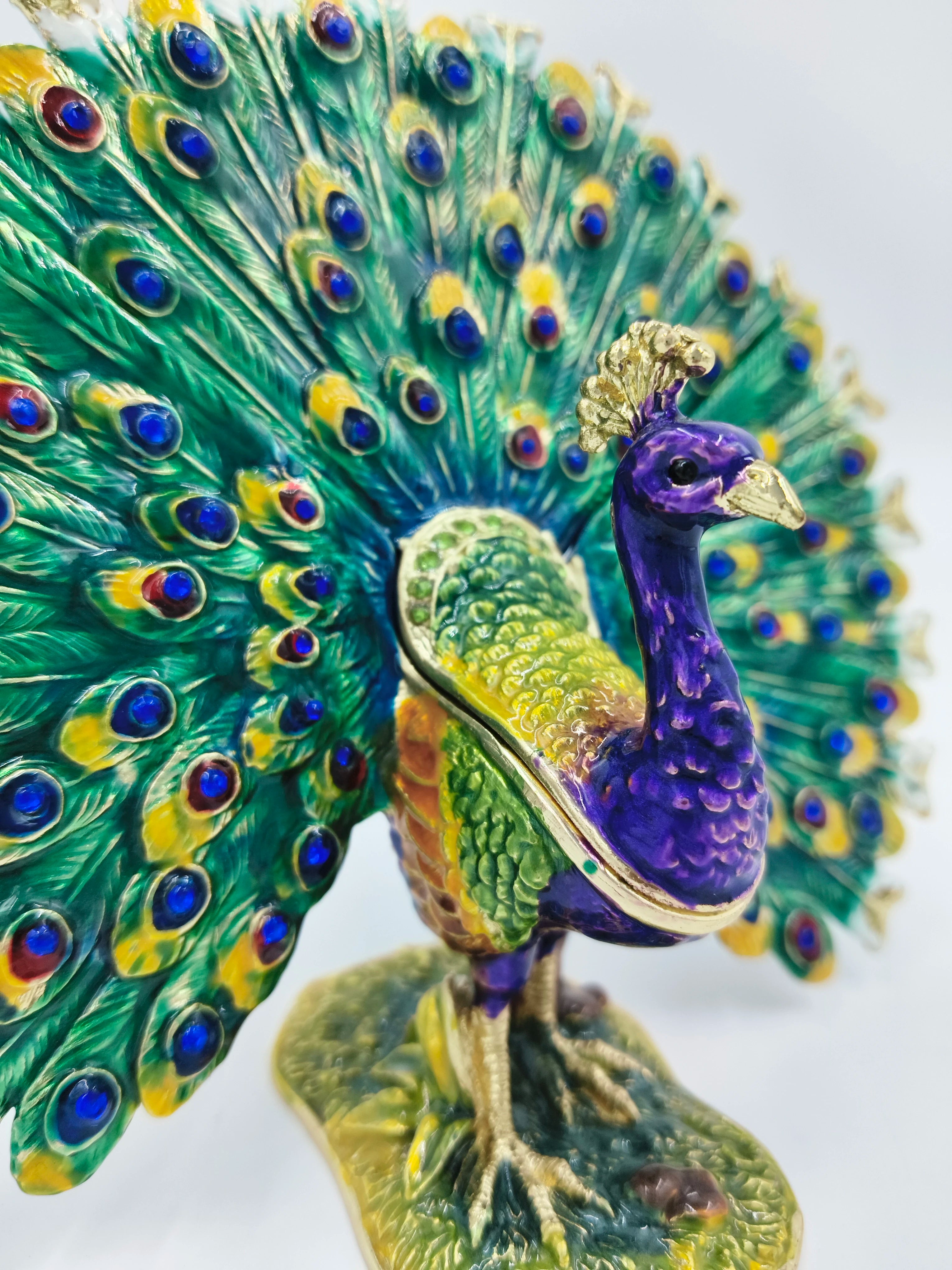 Brass enamel peacock figurine with colorful feathers and artificial stones