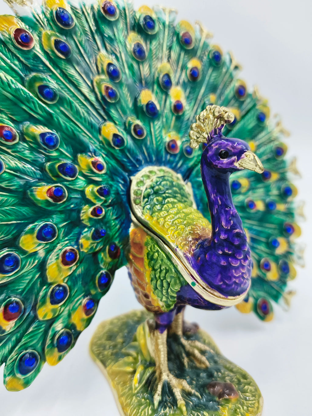 Brass enamel peacock figurine with colorful feathers and artificial stones