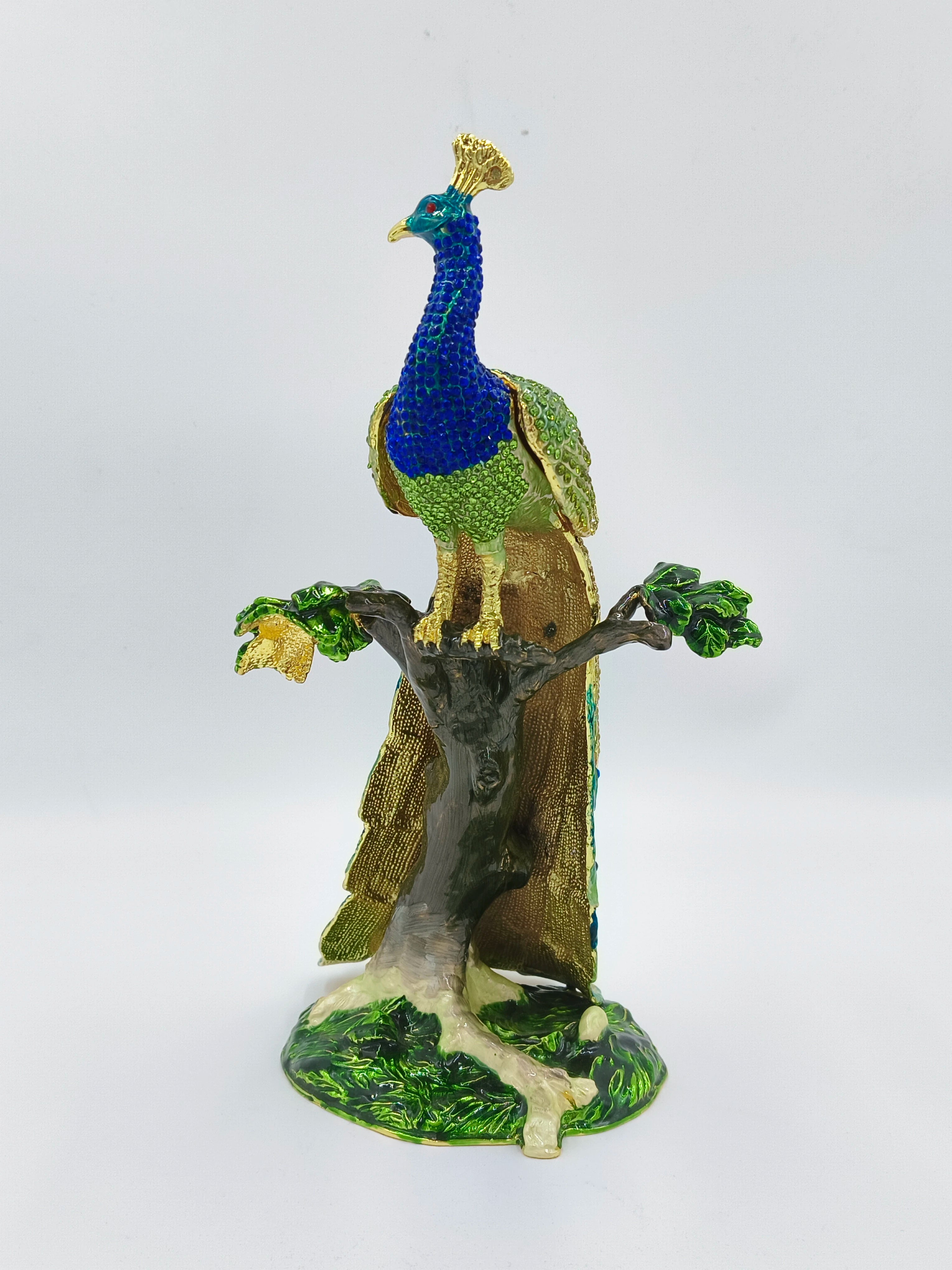 Brass enamel peacock figurine with artificial stones on tree branch
