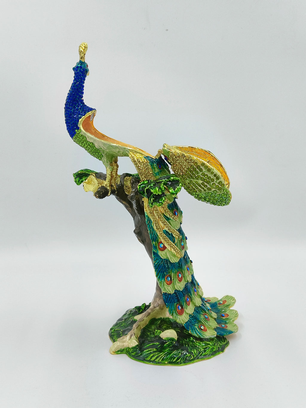 Brass enamel peacock sculpture with artificial stones on a tree branch base