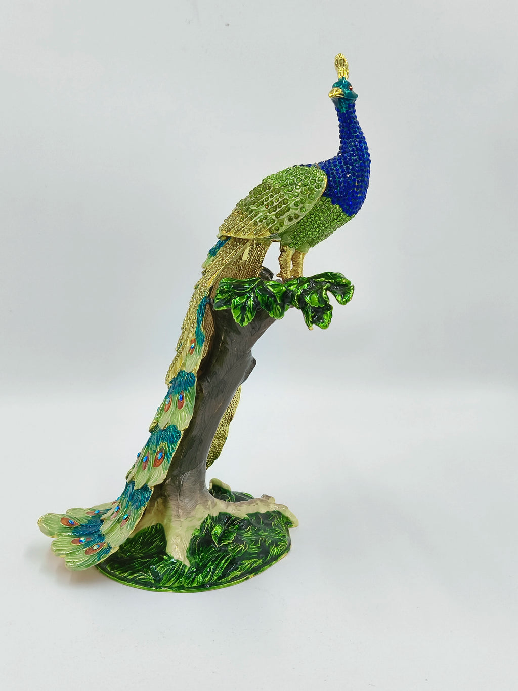 Brass enamel peacock sculpture with artificial stones standing on a tree branch