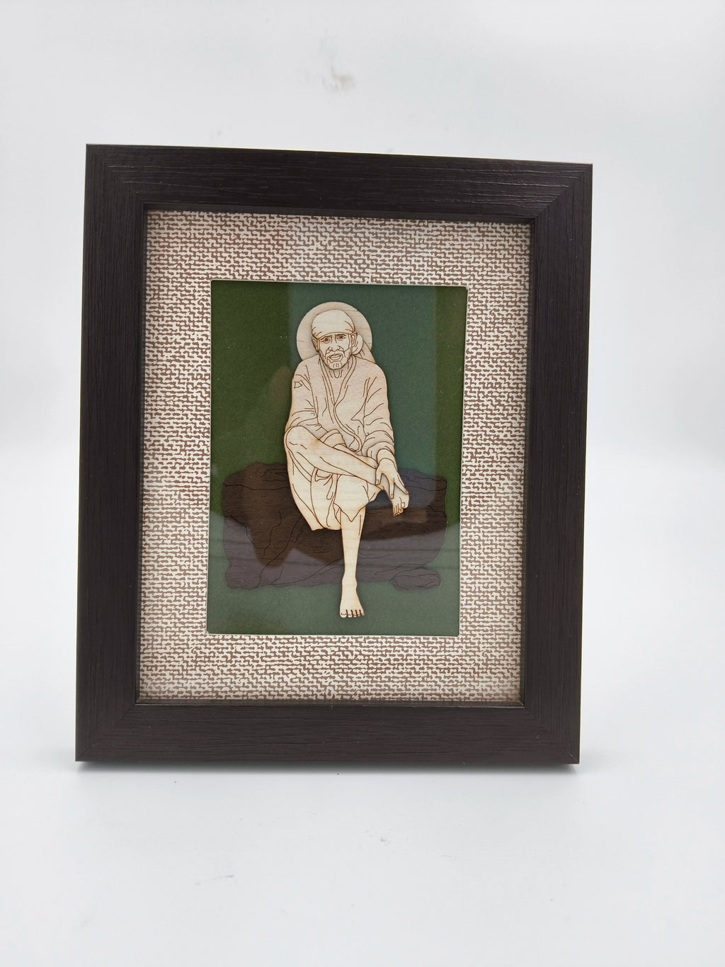 Mini wood art picture of Shirdi Sai Baba in dark wooden frame with decorative mat