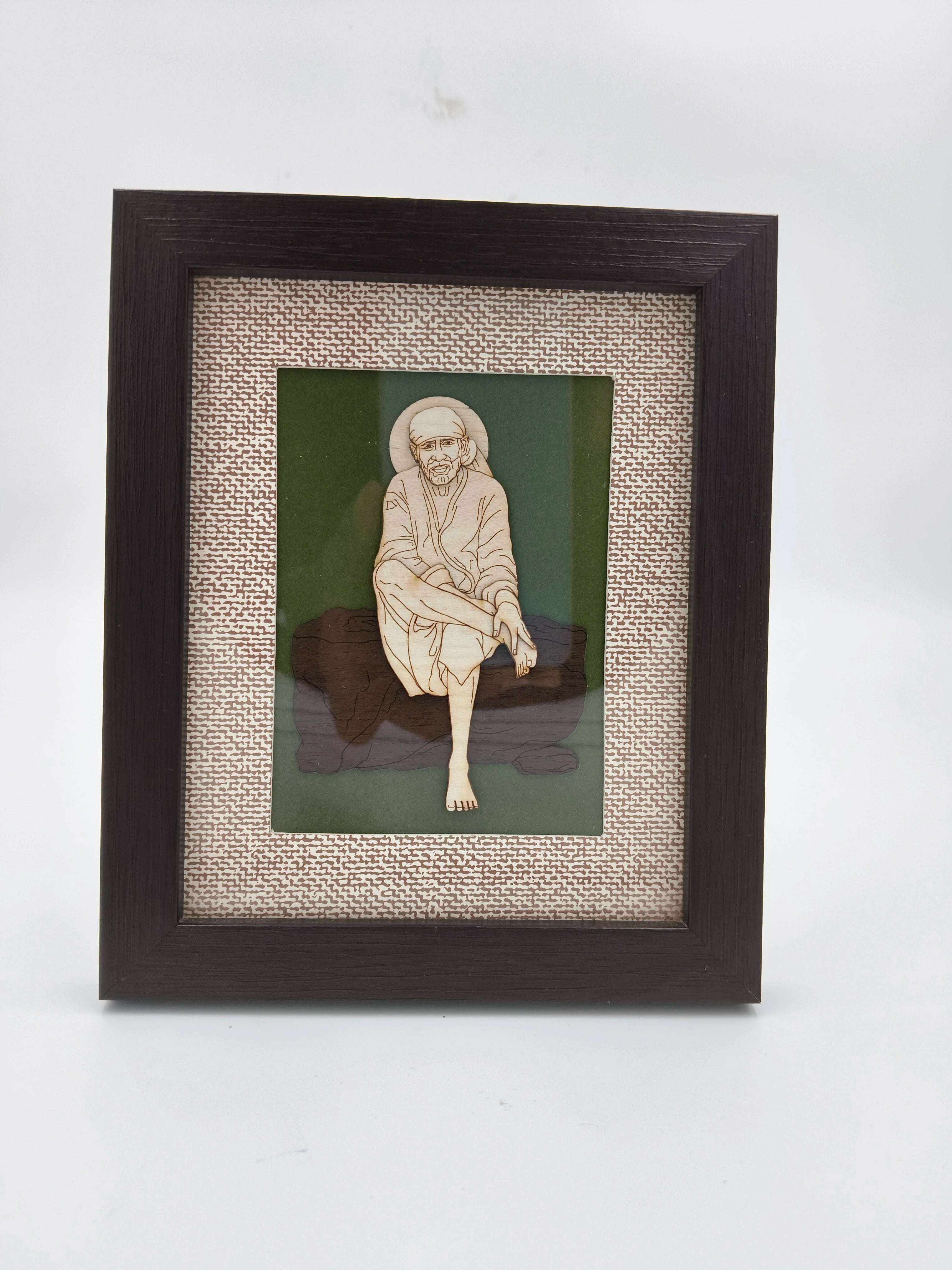 Mini wood art picture of Shirdi Sai Baba in dark wooden frame with decorative mat
