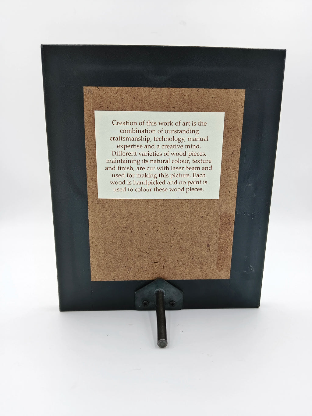 Back view of compact wood art picture frame with stand
